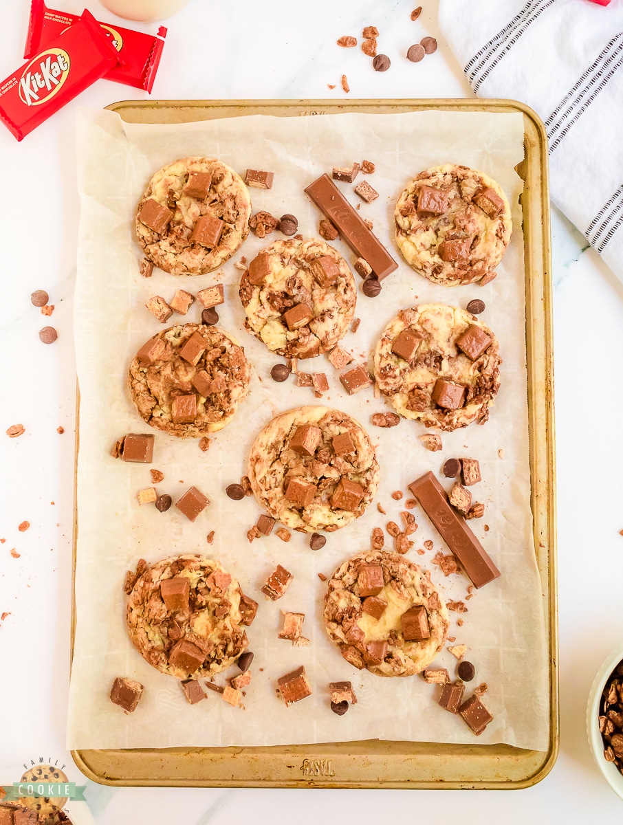 Kit Kats baked into cookies on a tray