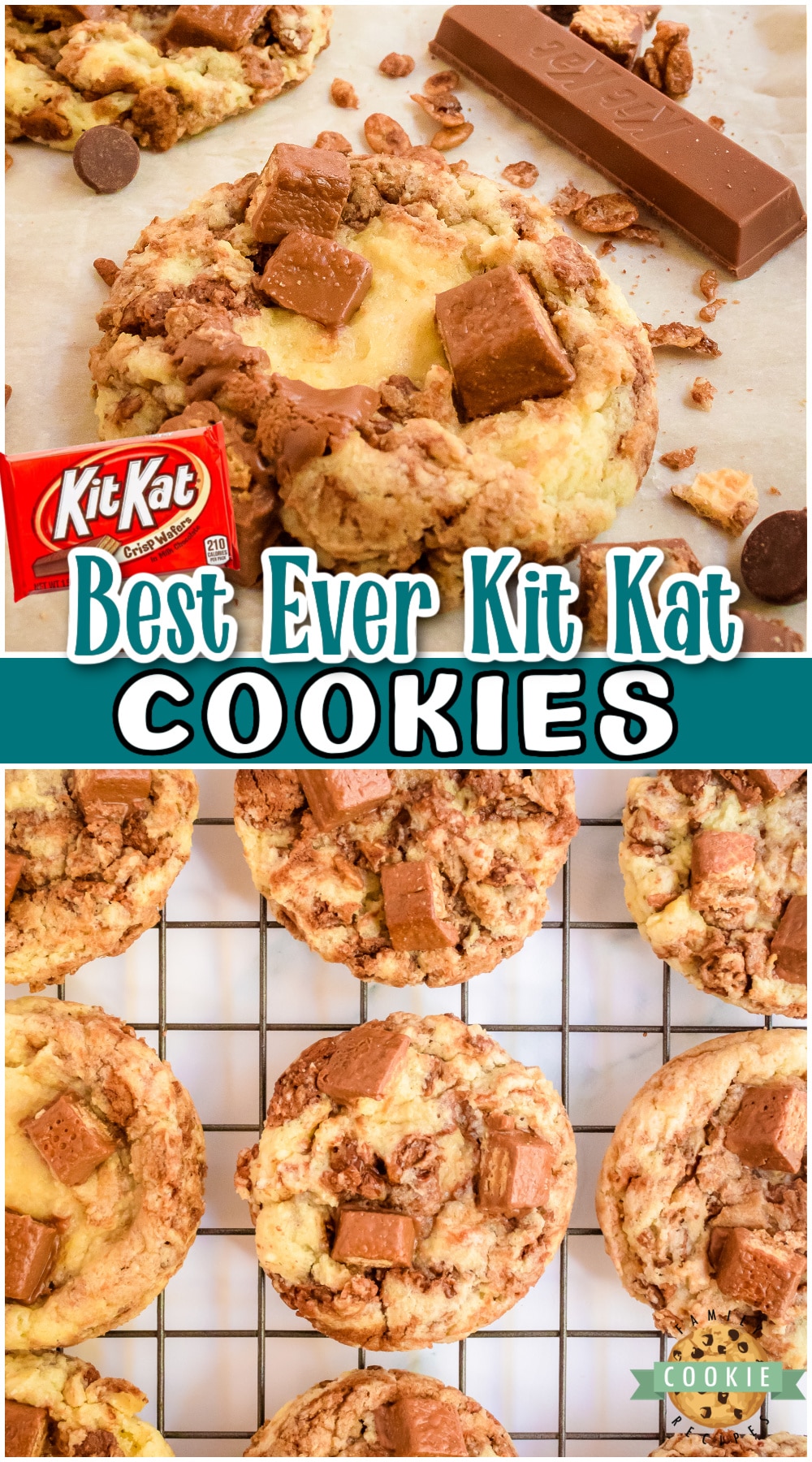 Kit Kat Cookies for anyone who LOVES the chocolatey crisp of Kit Kats! These candy bar cookies are loaded with Kit Kats, chocolate Krispies & chocolate swirl!