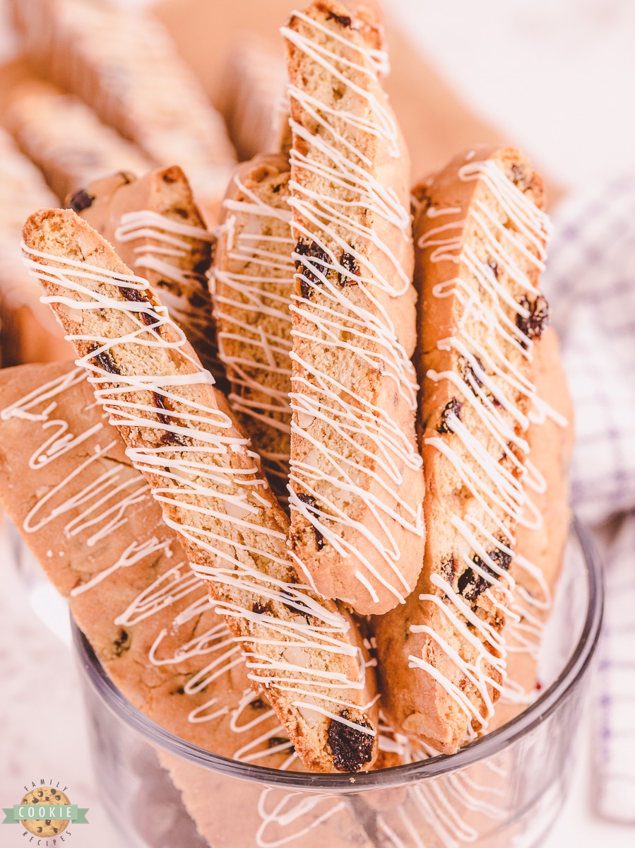 cherry almond biscotti with white chocolate drizzle