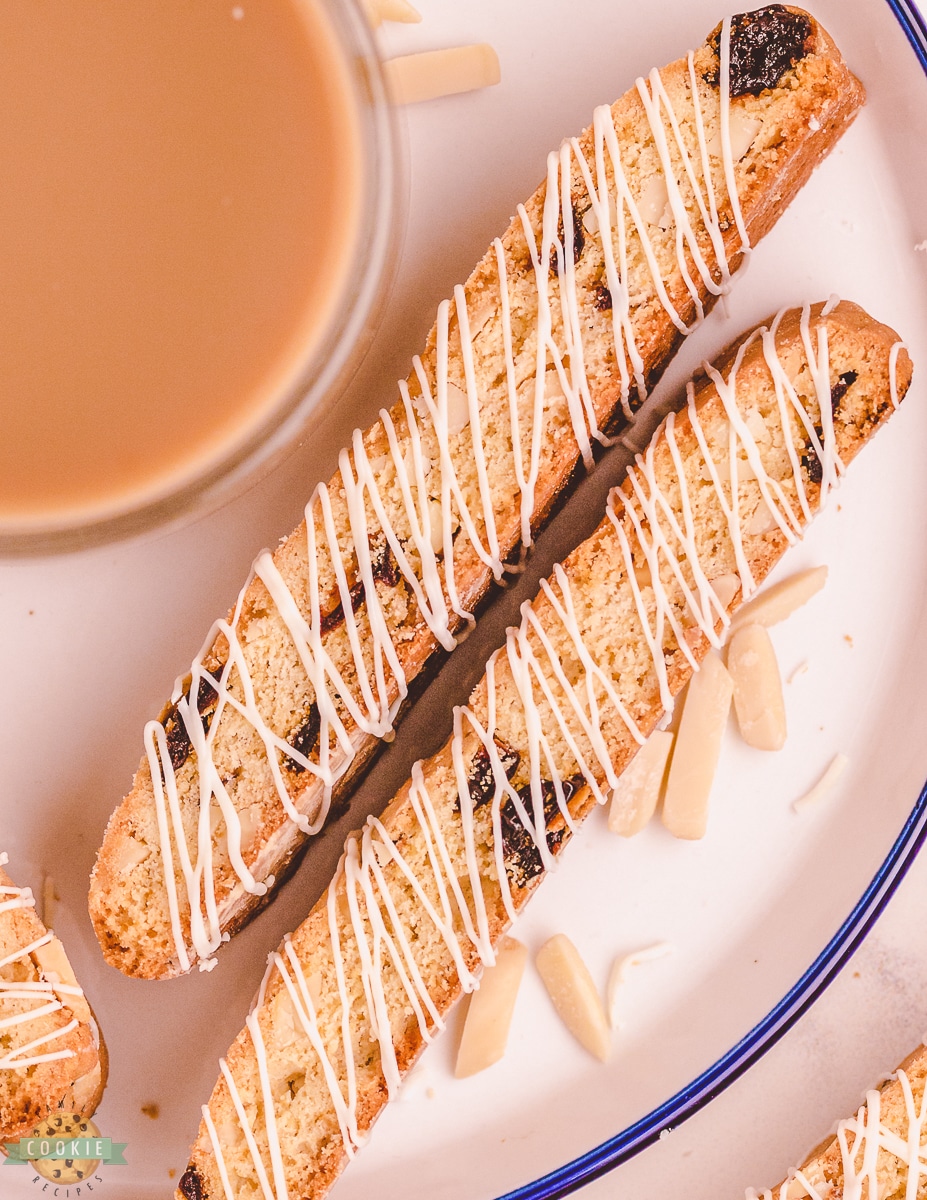 cherry biscotti on a plate with coffee