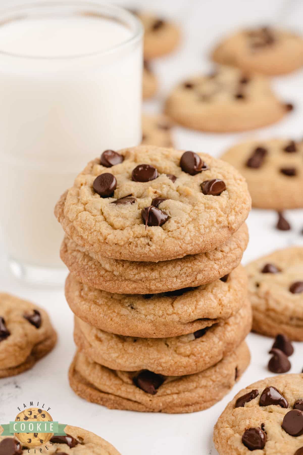 Stack of homemade chocolate chip cookies.