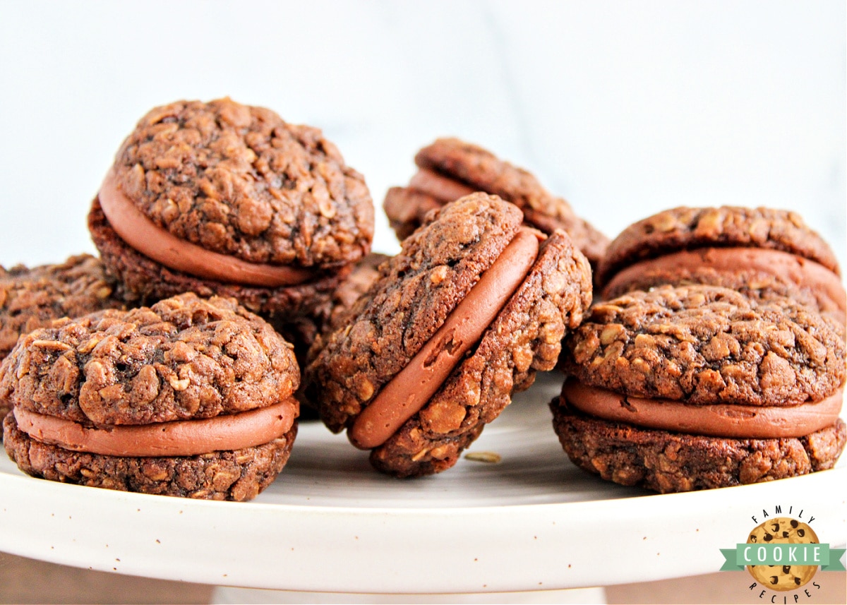 Chocolate Oatmeal Cream Pies are cookie sandwiches made with a simple chocolate buttercream frosting in between soft and chewy chocolate oatmeal cookies.