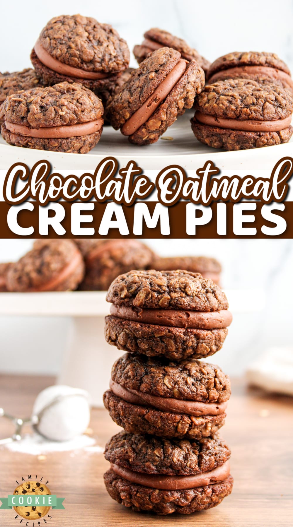 Chocolate Oatmeal Cream Pies are cookie sandwiches made with a simple chocolate buttercream frosting in between soft and chewy chocolate oatmeal cookies.