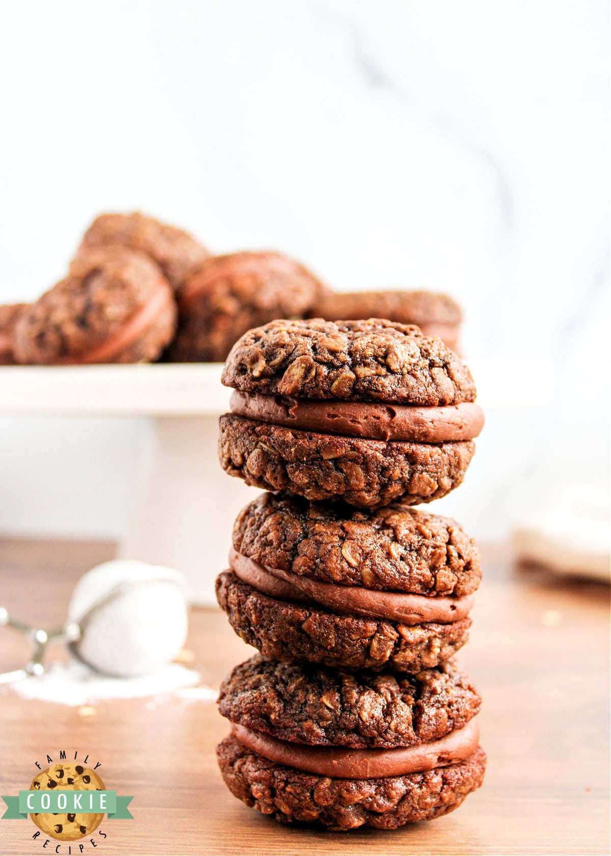 Chocolate Oatmeal Cream Pies are cookie sandwiches made with a simple chocolate buttercream frosting in between soft and chewy chocolate oatmeal cookies.