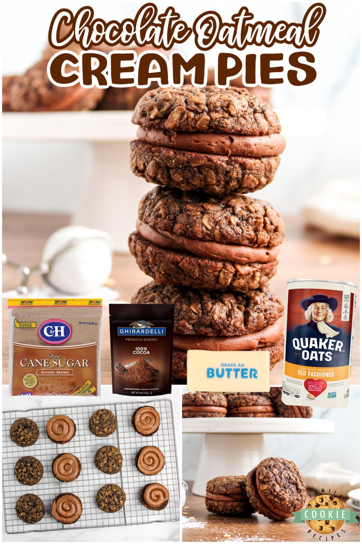 Chocolate Oatmeal Cream Pies are cookie sandwiches made with a simple chocolate buttercream frosting in between soft and chewy chocolate oatmeal cookies.