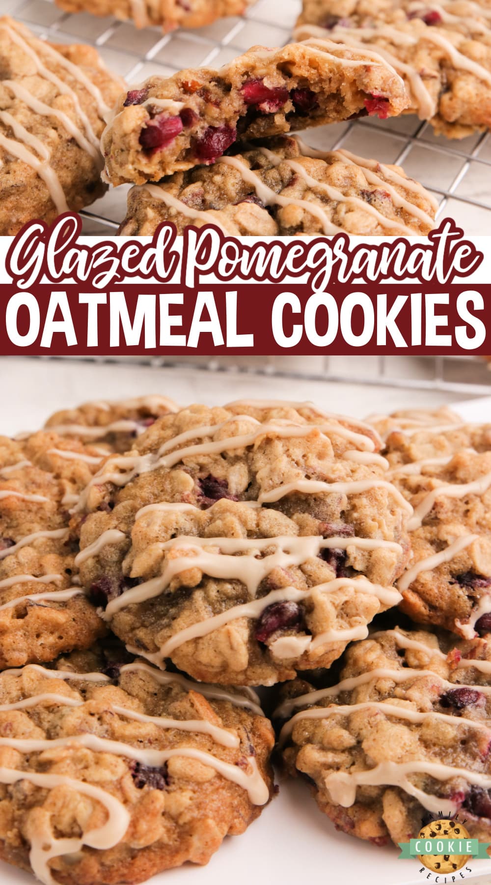 Glazed Pomegranate Oatmeal Cookies are soft, chewy and packed with the flavor of maple syrup, cinnamon, pomegranate seeds and pecans. Delicious oatmeal cookies topped with a simple maple syrup glaze. 