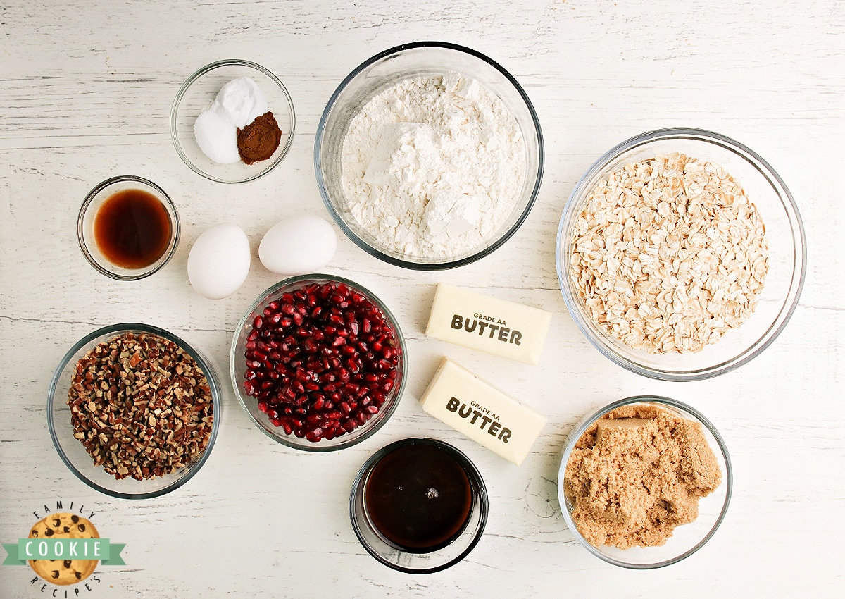 Ingredients in glazed pomegranate oatmeal cookies