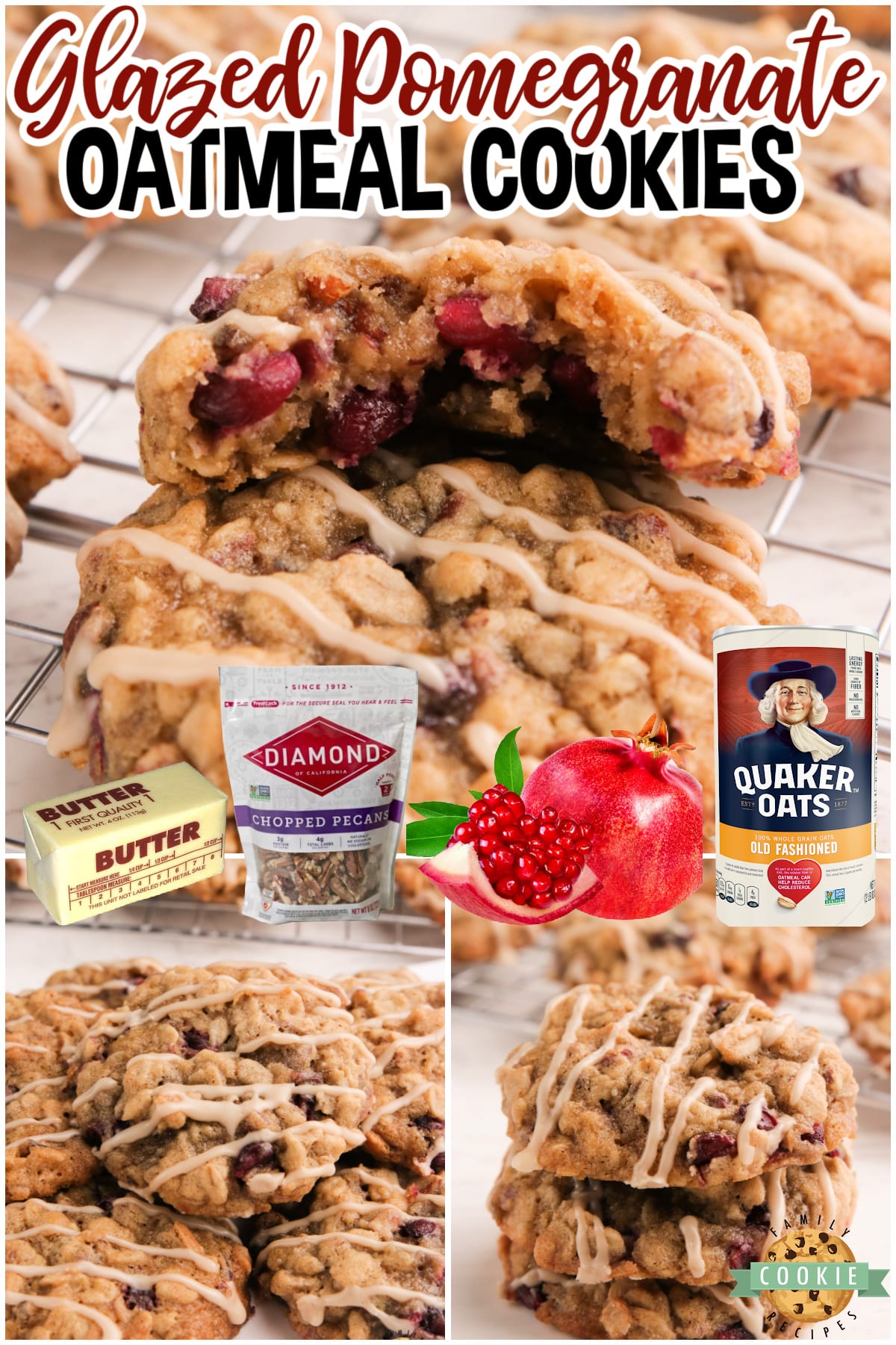 Glazed Pomegranate Oatmeal Cookies are soft, chewy and packed with the flavor of maple syrup, cinnamon, pomegranate seeds and pecans. Delicious oatmeal cookies topped with a simple maple syrup glaze. 