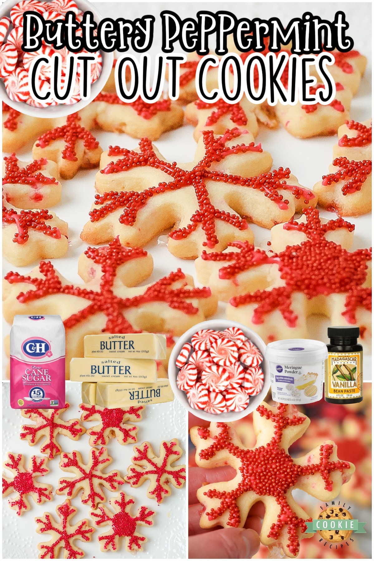 Peppermint Cutout cookies made with classic ingredients + crushed candy canes and a simple vanilla glaze! Buttery, festive cut out sugar cookies perfect for Christmas!