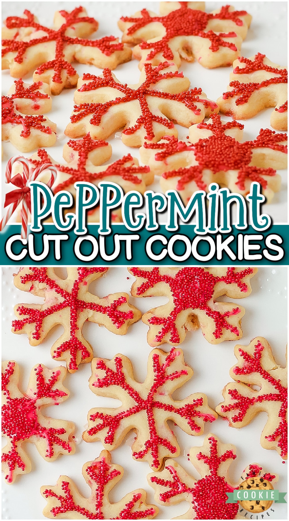 Peppermint Cutout cookies made with classic ingredients + crushed candy canes and a simple vanilla glaze! Buttery, festive cut out sugar cookies perfect for Christmas! 