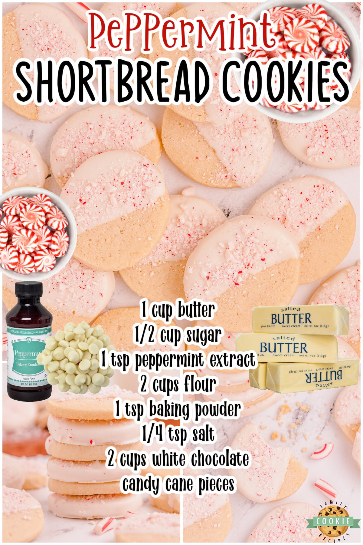 Peppermint shortbread cookies are festive buttery cookies topped with white chocolate & candy cane pieces! Shortbread cookies perfect for Christmas!