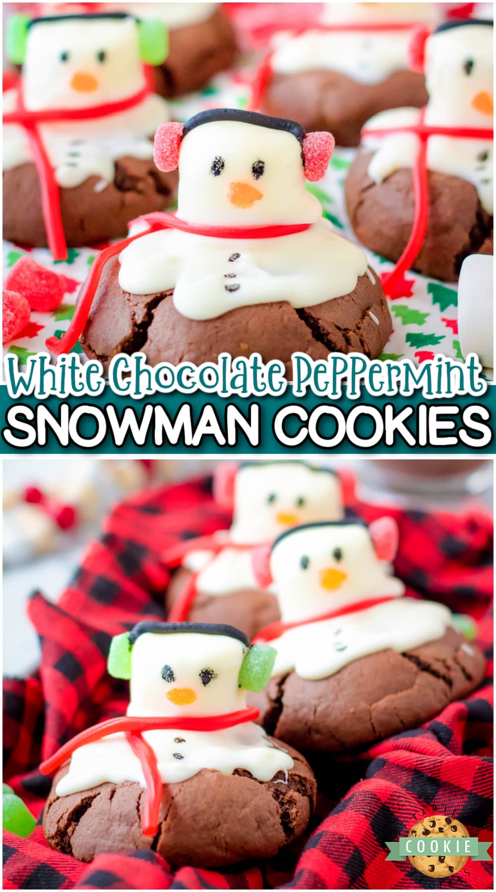 Peppermint snowman cookies are a festive wintery treat! Chocolate cookies stuffed with peppermint patties & decorated with a candy-covered snowman. These cookies are almost too cute to eat! via @buttergirls