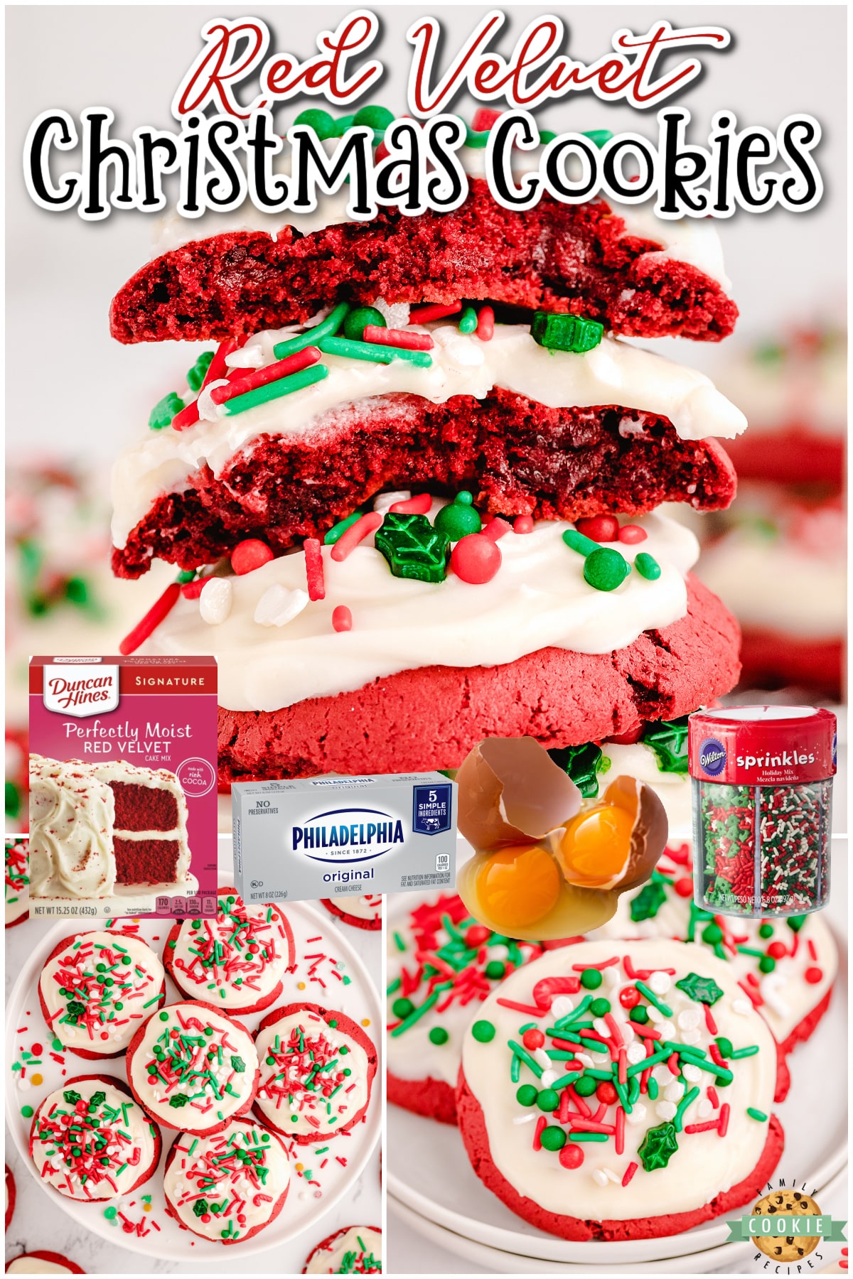 Red Velvet Christmas cookies with the festive red color, rich chocolate taste & cream cheese icing on top, these cookies are sure to be holiday favorites!