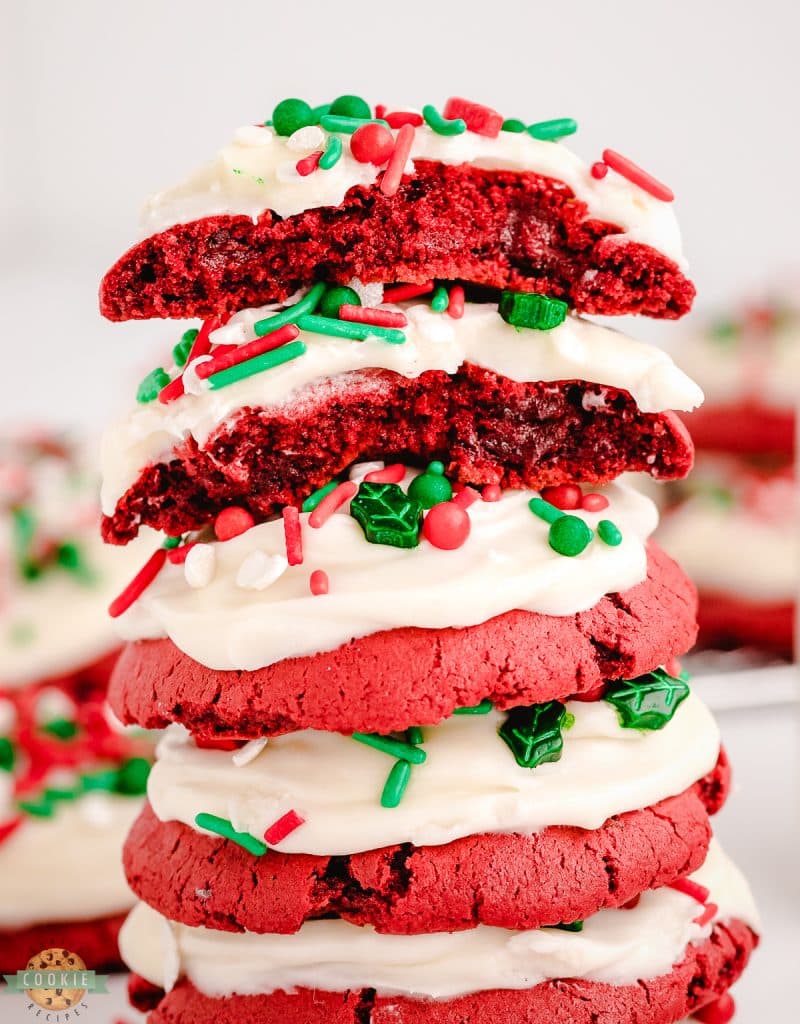 stack of red velvet Christmas cookies