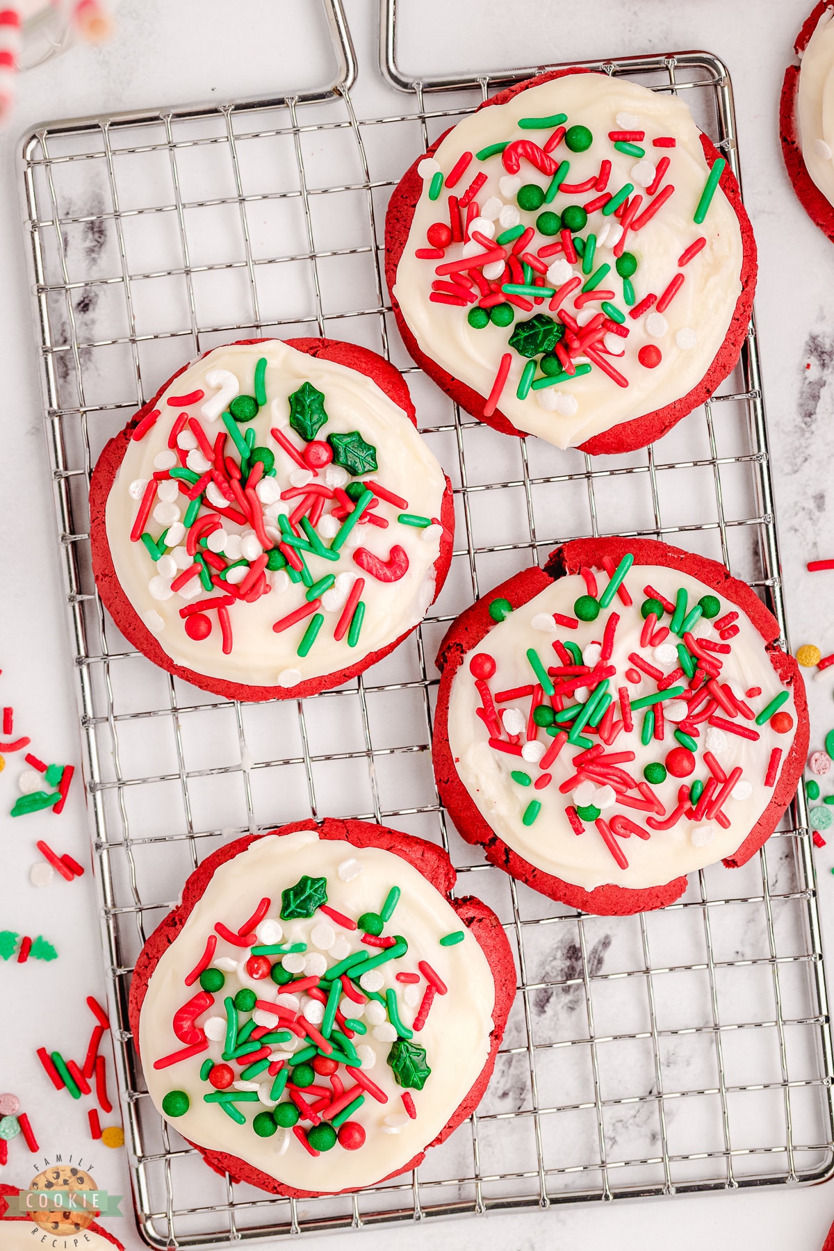 red velvet cookies on a cooling rack