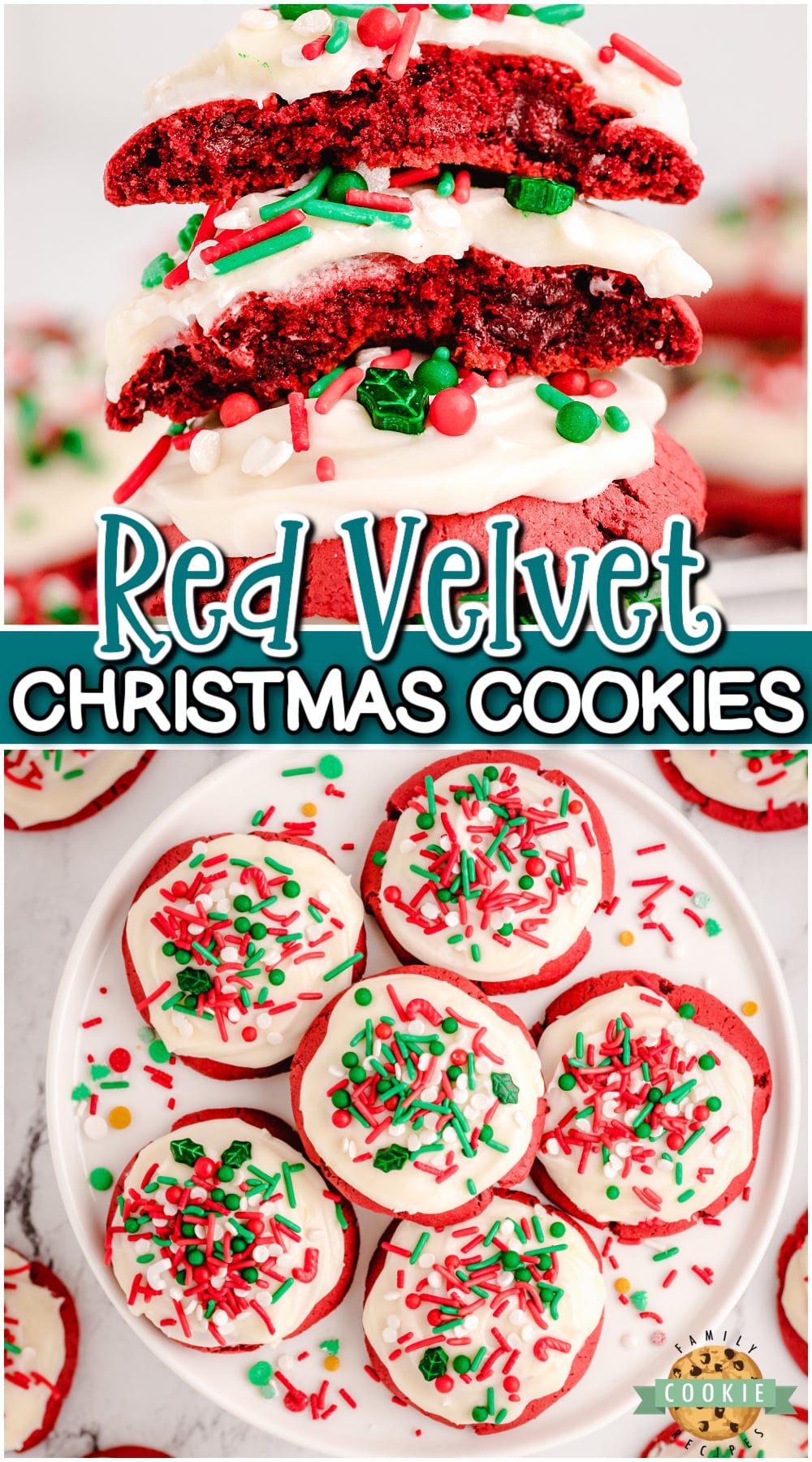 Red Velvet Christmas cookies with the festive red color, rich chocolate taste & cream cheese icing on top, these cookies are sure to be holiday favorites!