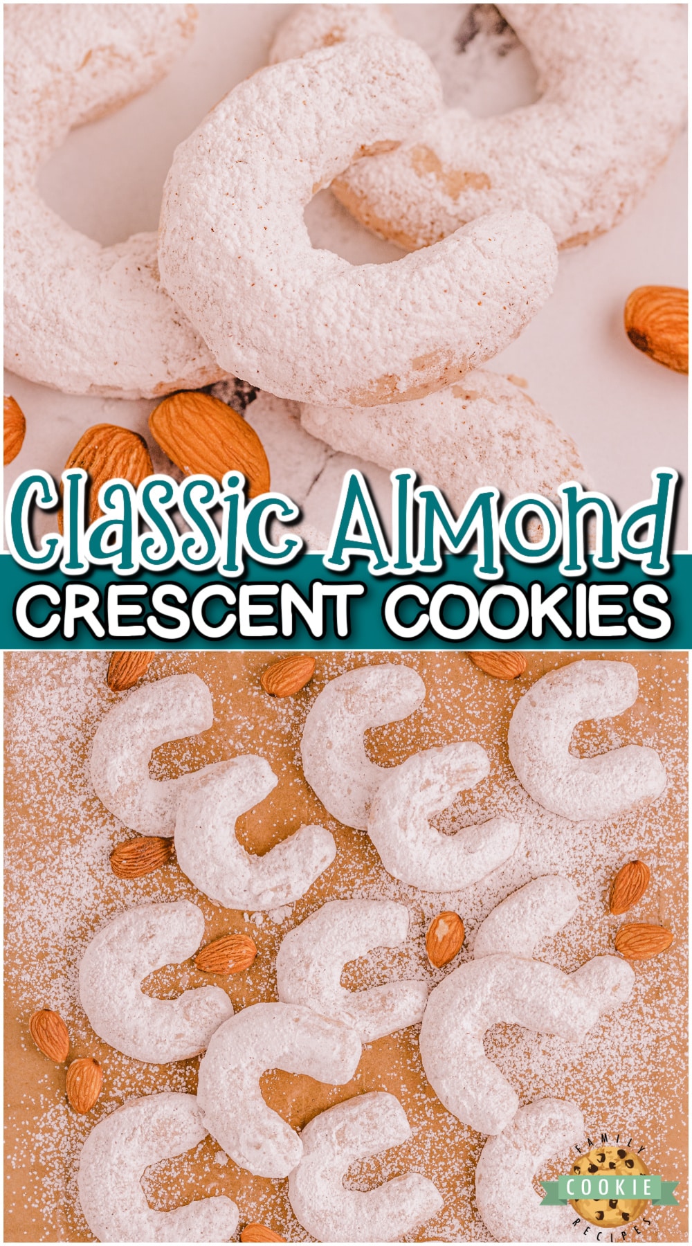 Almond cinnamon crescent cookies are classic buttery shortbread cookies shaped into crescents & rolled in powdered sugar. Perfect cookies beside a cup of tea in cold winter weather!