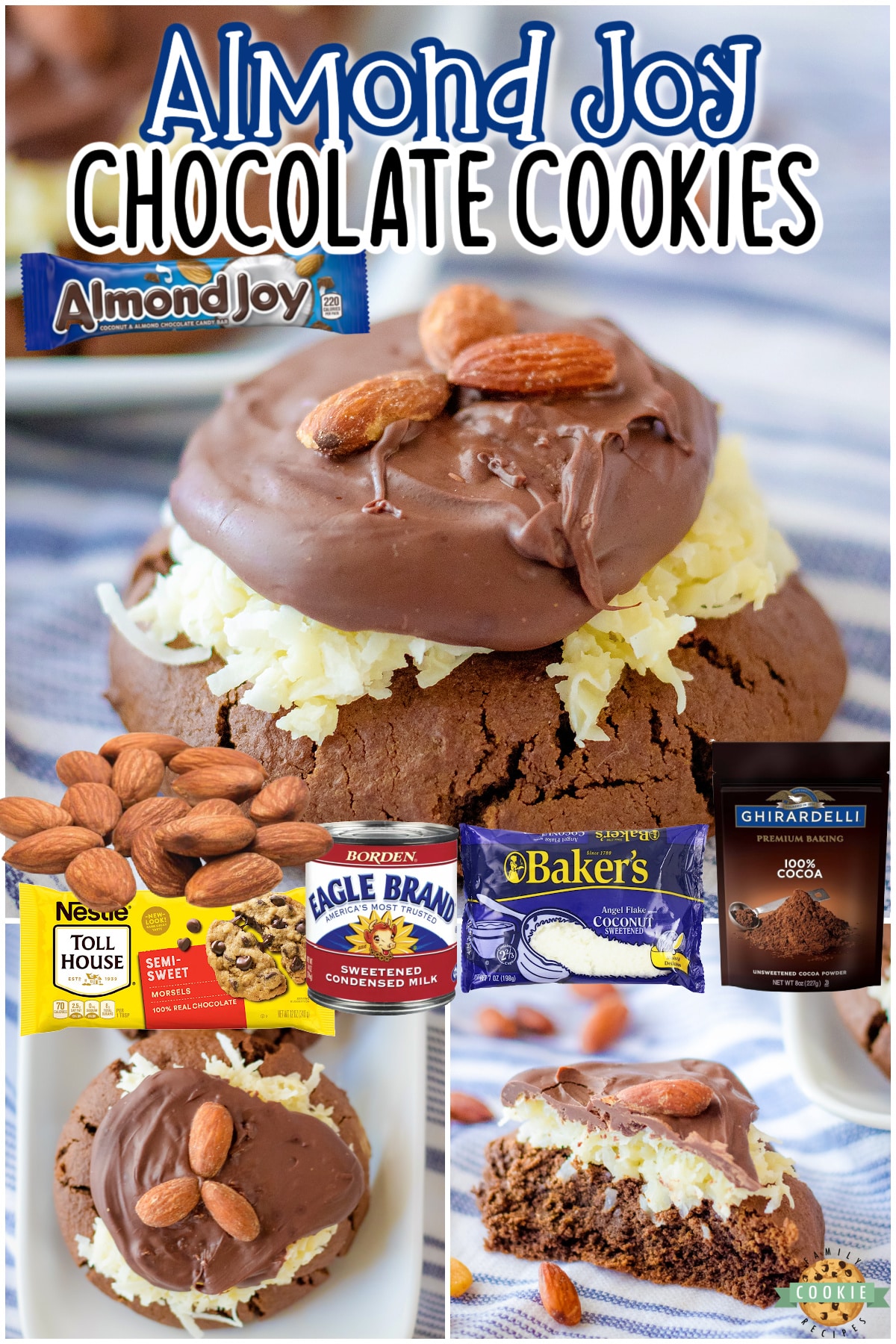 Bakery Style Almond Joy Cookies taste just like your favorite candy bar! Thick, chewy chocolate cookies topped with a creamy coconut mixture, chocolate & almonds; the perfect Crumbl copycat! 
