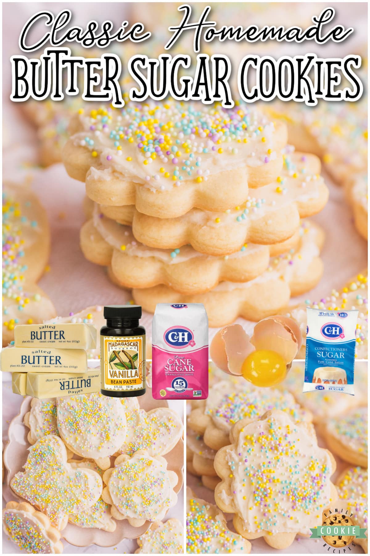 All Butter Sugar Cookies are soft & sweet cookies topped with a buttery vanilla frosting. Easy sugar cookie recipe made with simple pantry ingredients that yields about a dozen cookies.