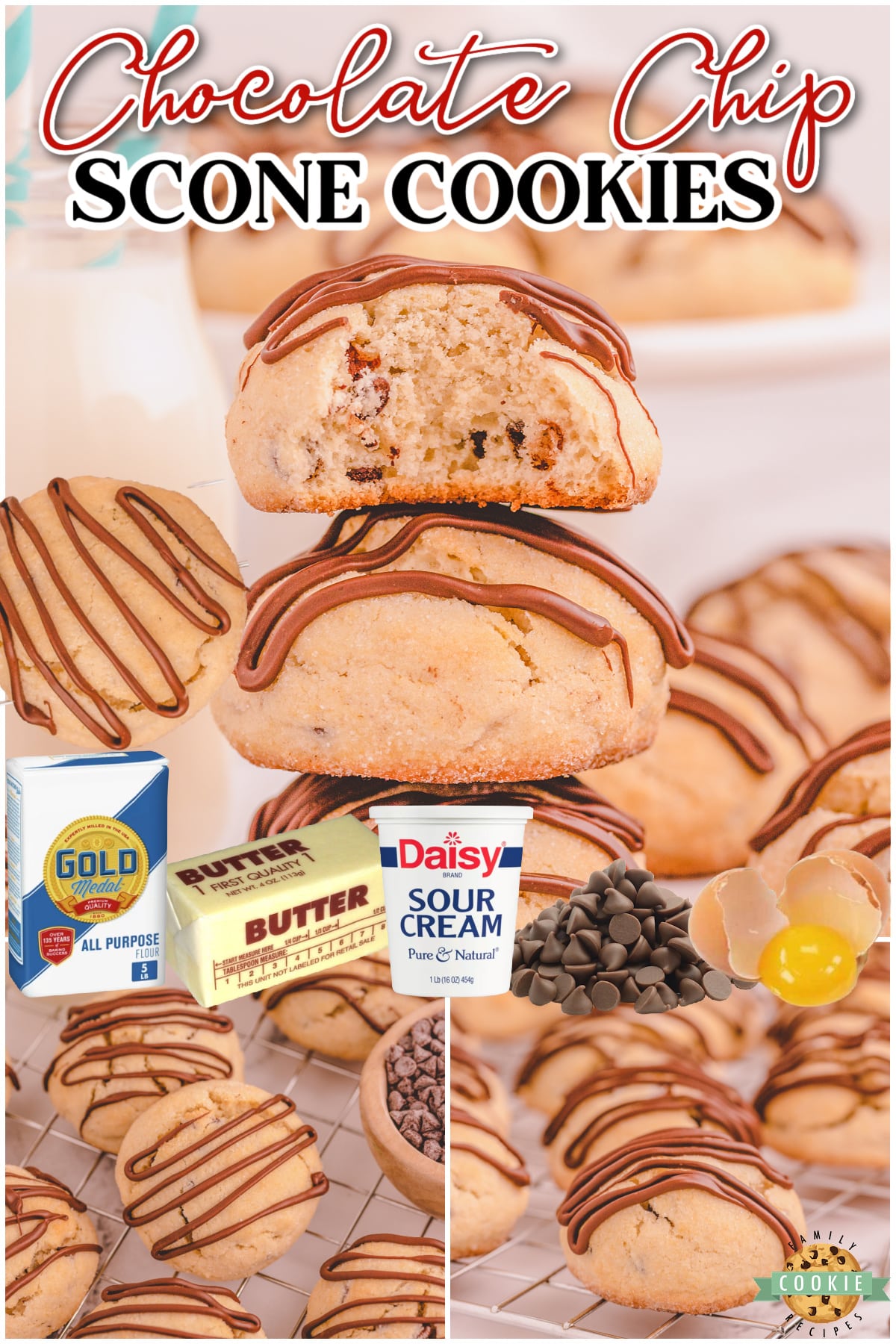 Chocolate Chip Scookies are cookies meets scones in a wonderful blend of soft dough and sweet chocolate drizzle! Tender, buttery scone-like cookies loaded with chocolate chips!