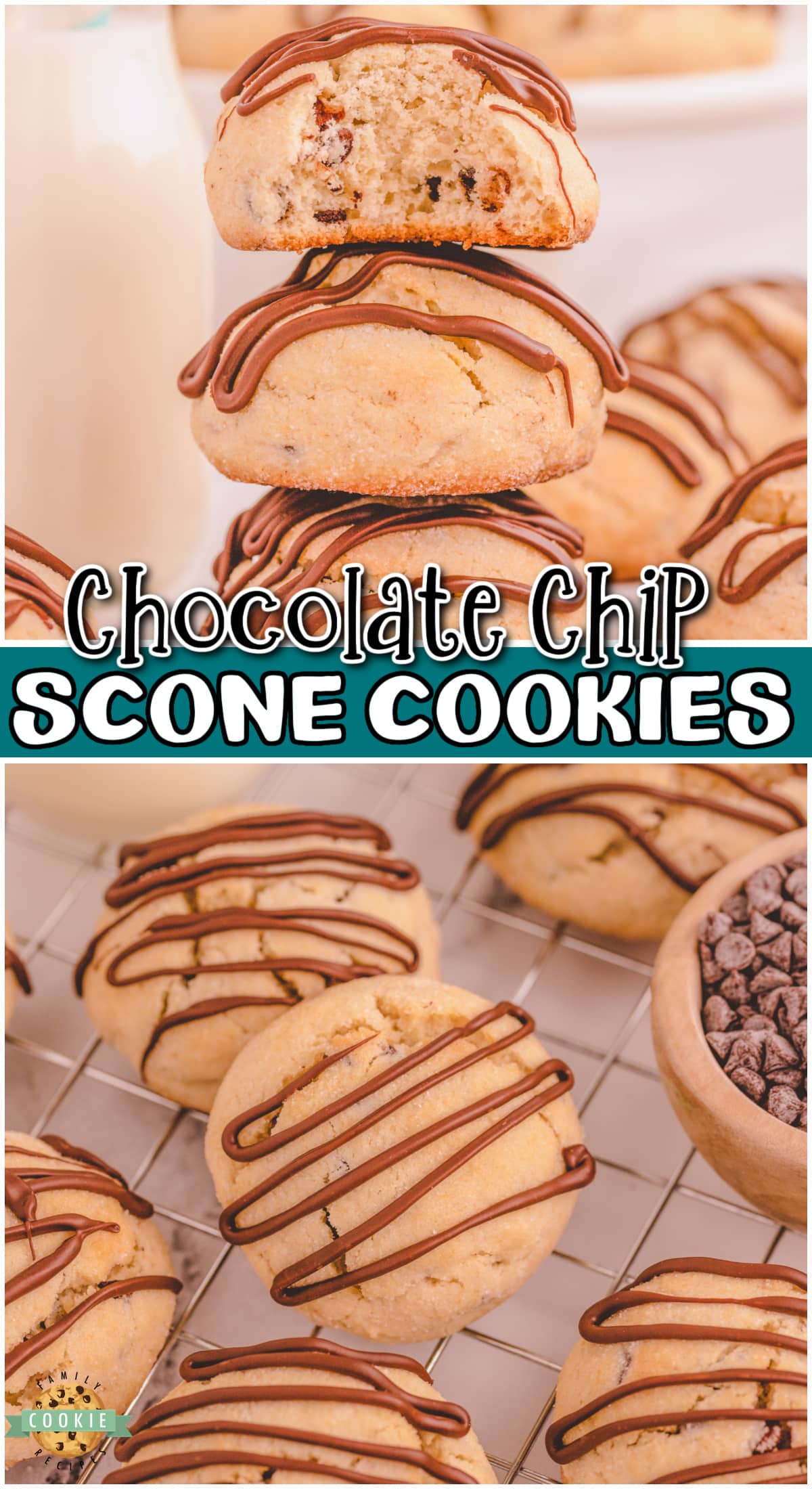 Chocolate Chip Scookies are cookies meets scones in a wonderful blend of soft dough and sweet chocolate drizzle! Tender, buttery scone-like cookies loaded with chocolate chips!