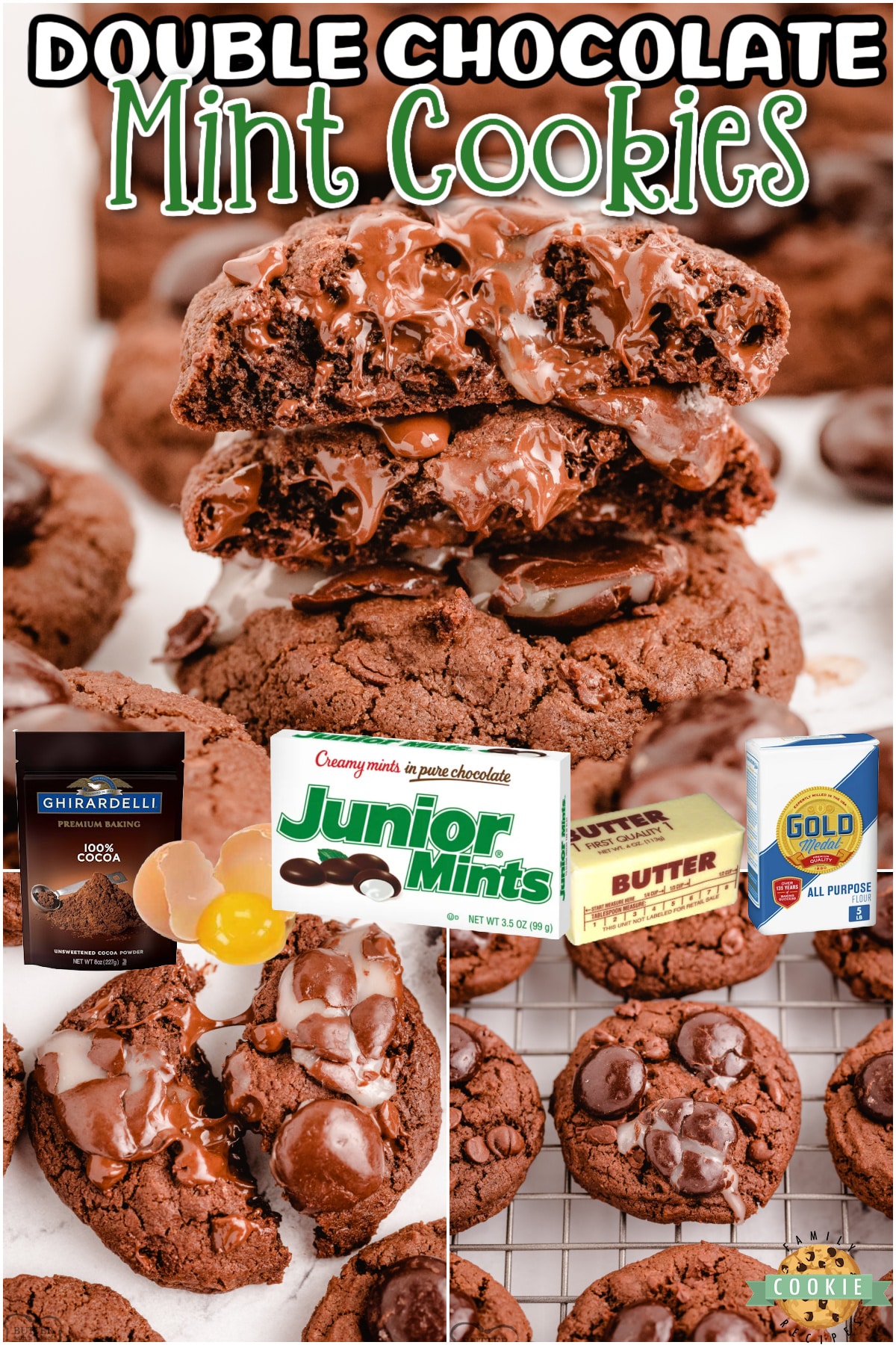 Double Chocolate Junior Mint Cookies are chewy chocolate cookies topped with Junior Mints! Perfect fudge cookie recipe for mint chocolate lovers.