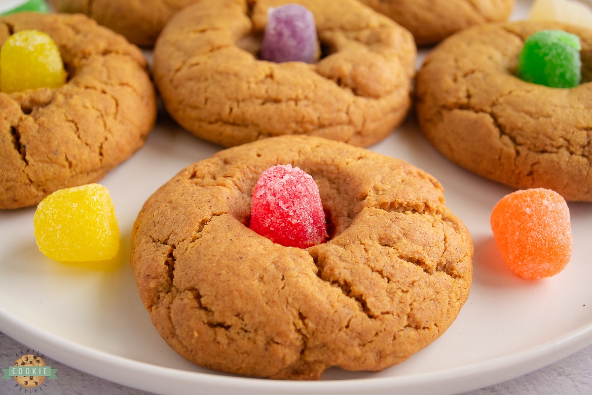 gingerbread drop cookies with a gumdrop in the middle