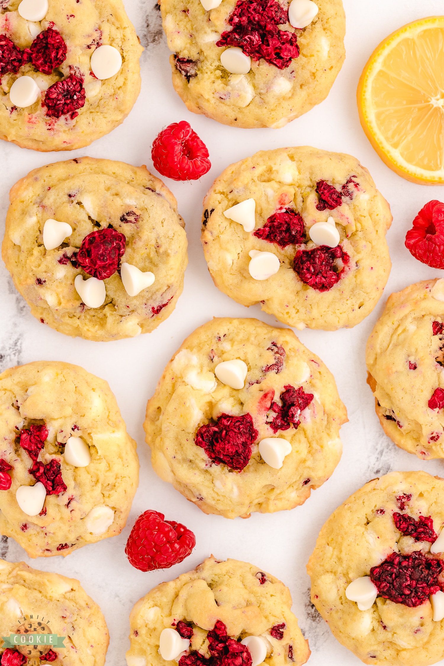 lemon raspberry cookies with white chocolate chips.