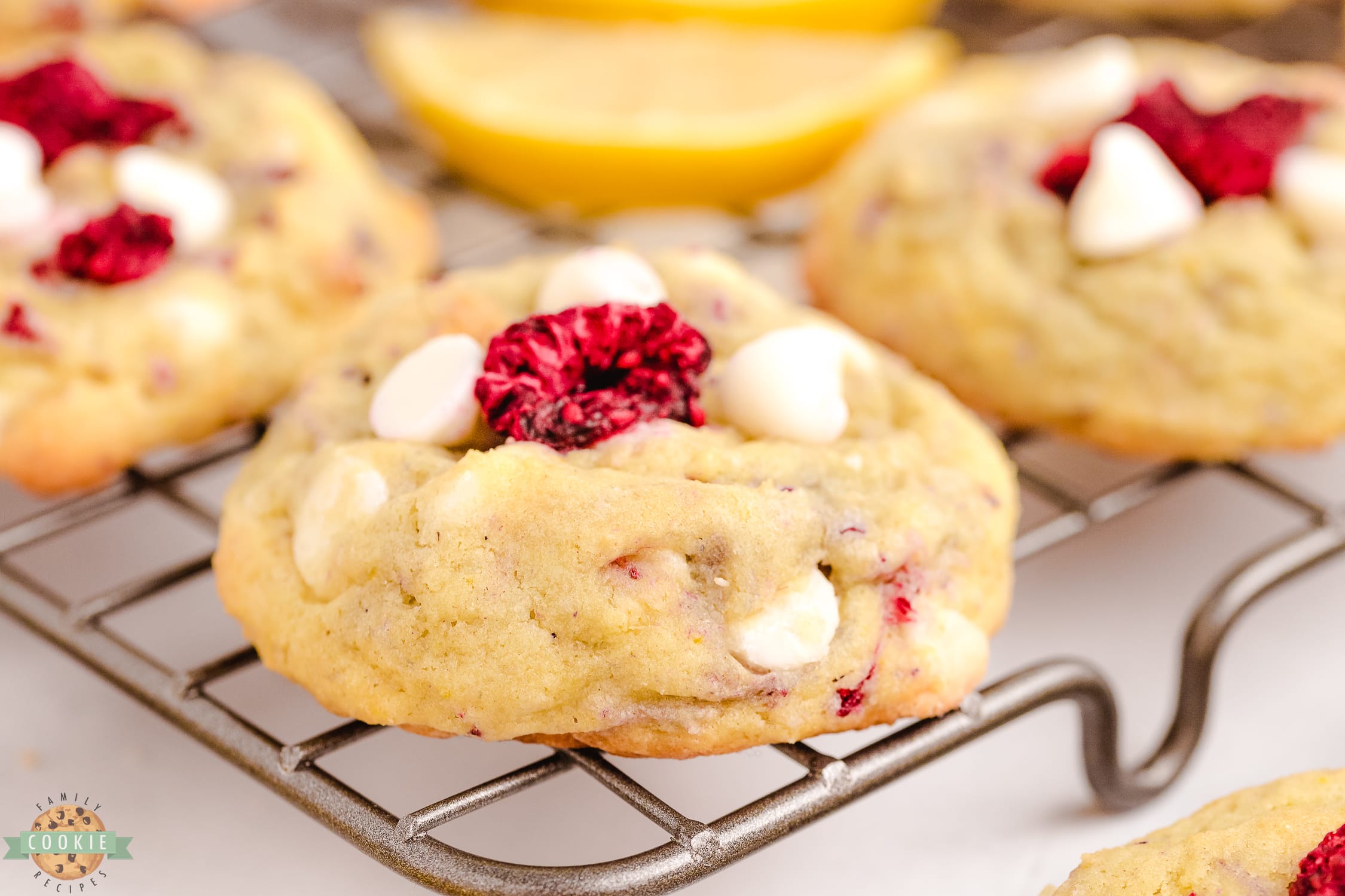 raspberry lemonade cookies on a cooling rack