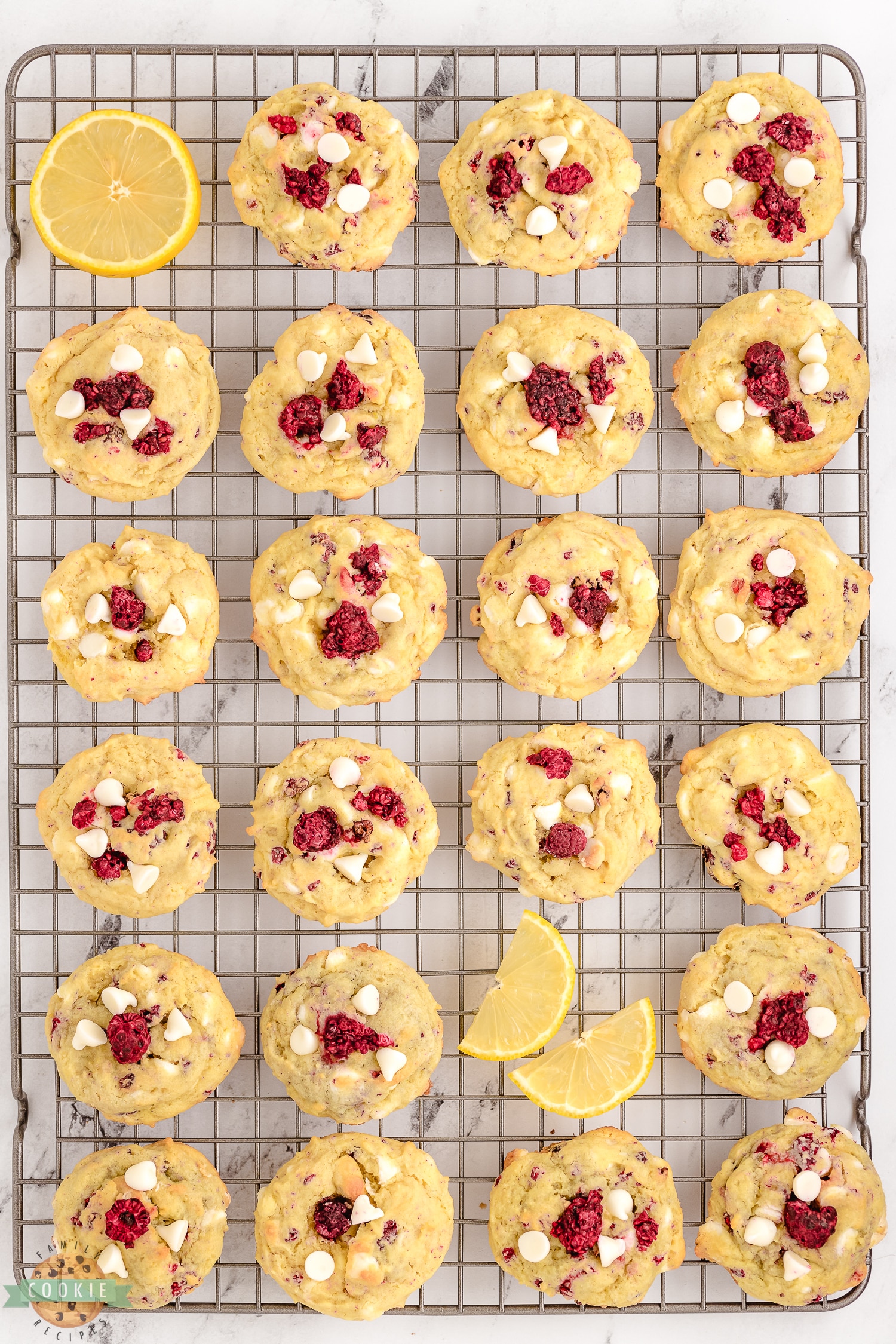 lemon raspberry cookies on a cooling rack