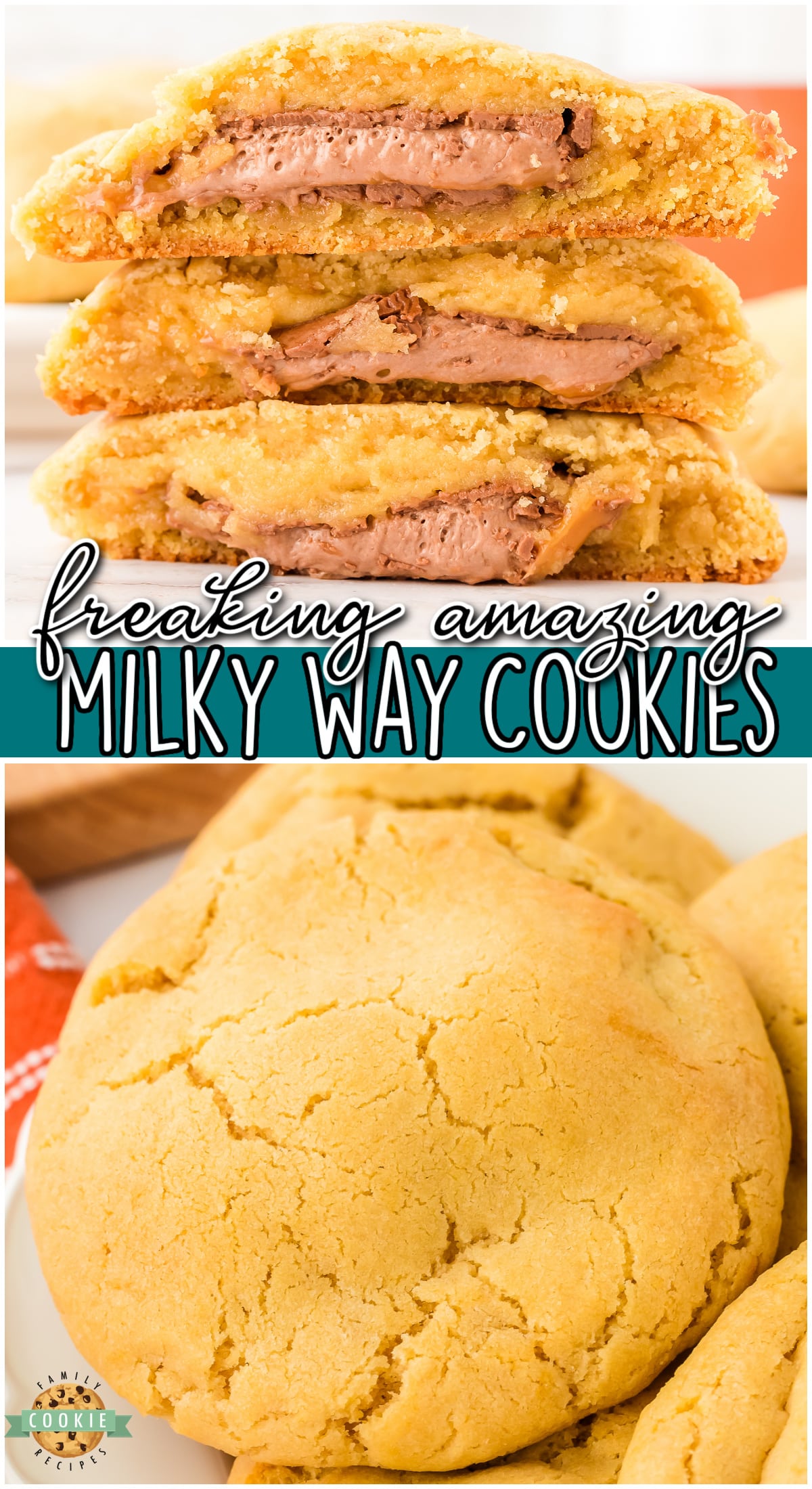 Bakery Style Milky Way Cookies made with sweet cookie dough and stuffed with the classic chocolate caramel nougat candies. Stuffed cookies are a perfect treat!