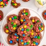 plateful of no bake cookies topped with M&M candies