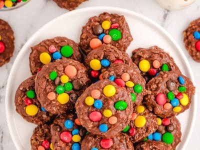 plateful of no bake cookies topped with M&M candies