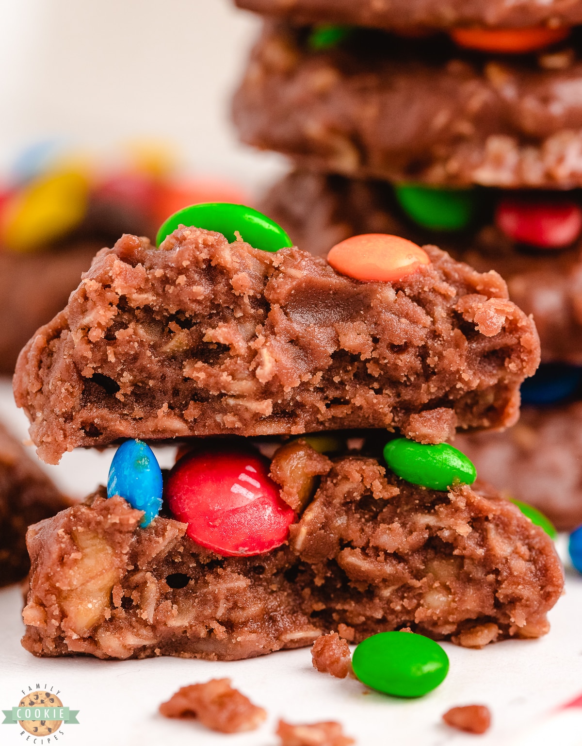 stack of M&M no bake cookies broken in half