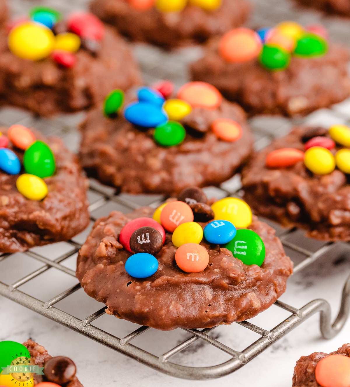 no bake M&M cookies on a cooling rack