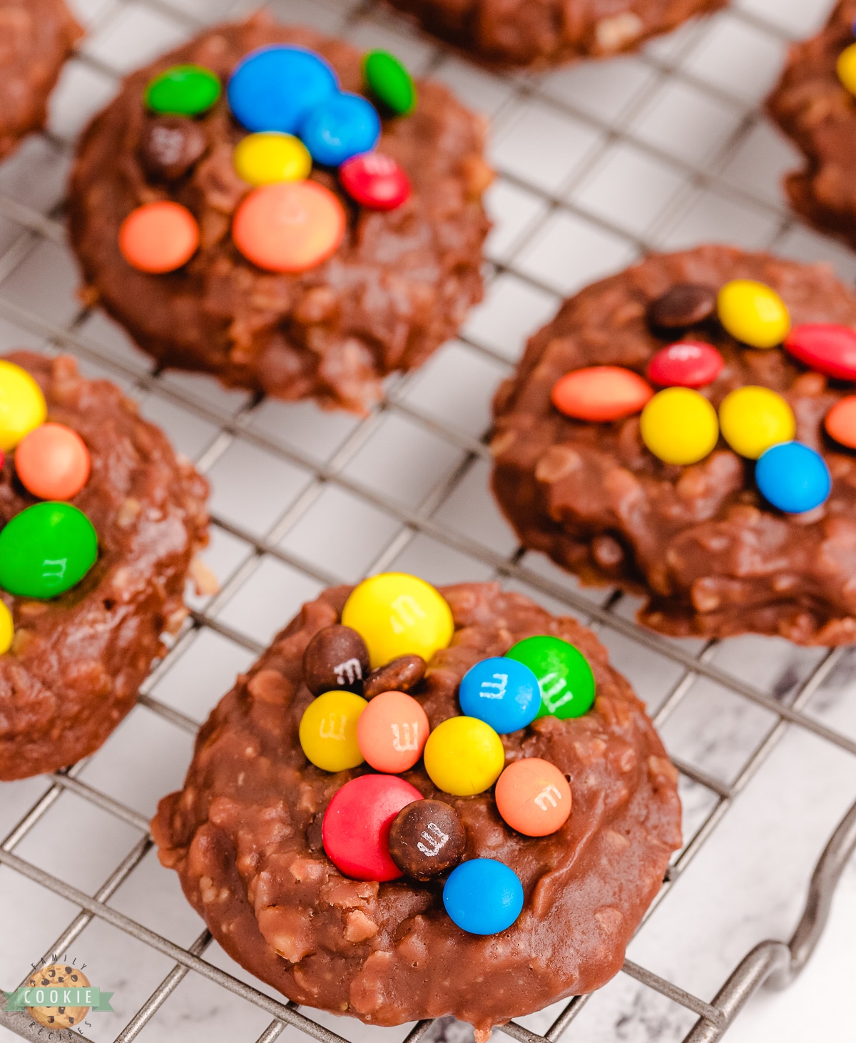 M&M no bake cookies on a cooling rack