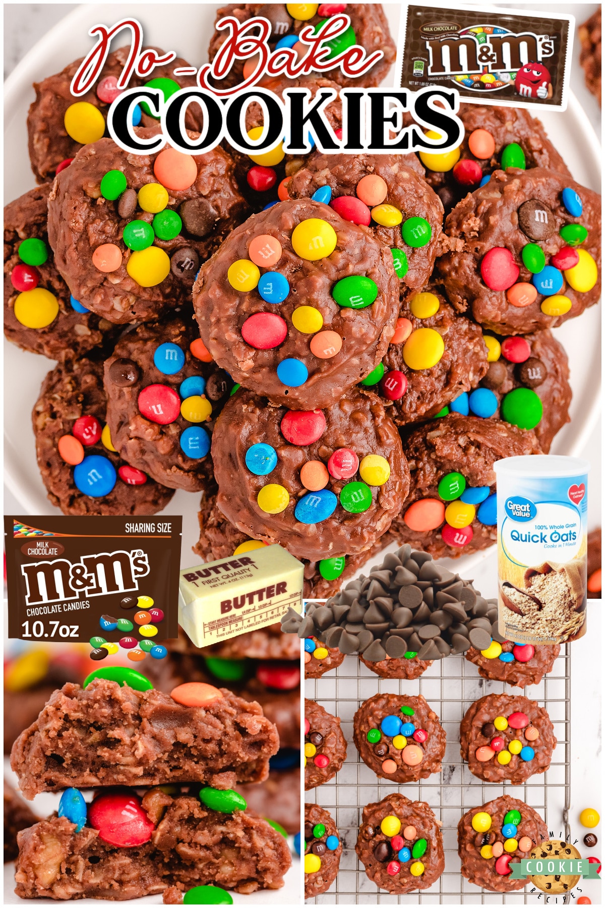 No Bake M&M Cookies are loaded with chocolate, oats, coconut & topped with M&M candies! These easy no-bake cookies are so simple to make and they have the best flavor!