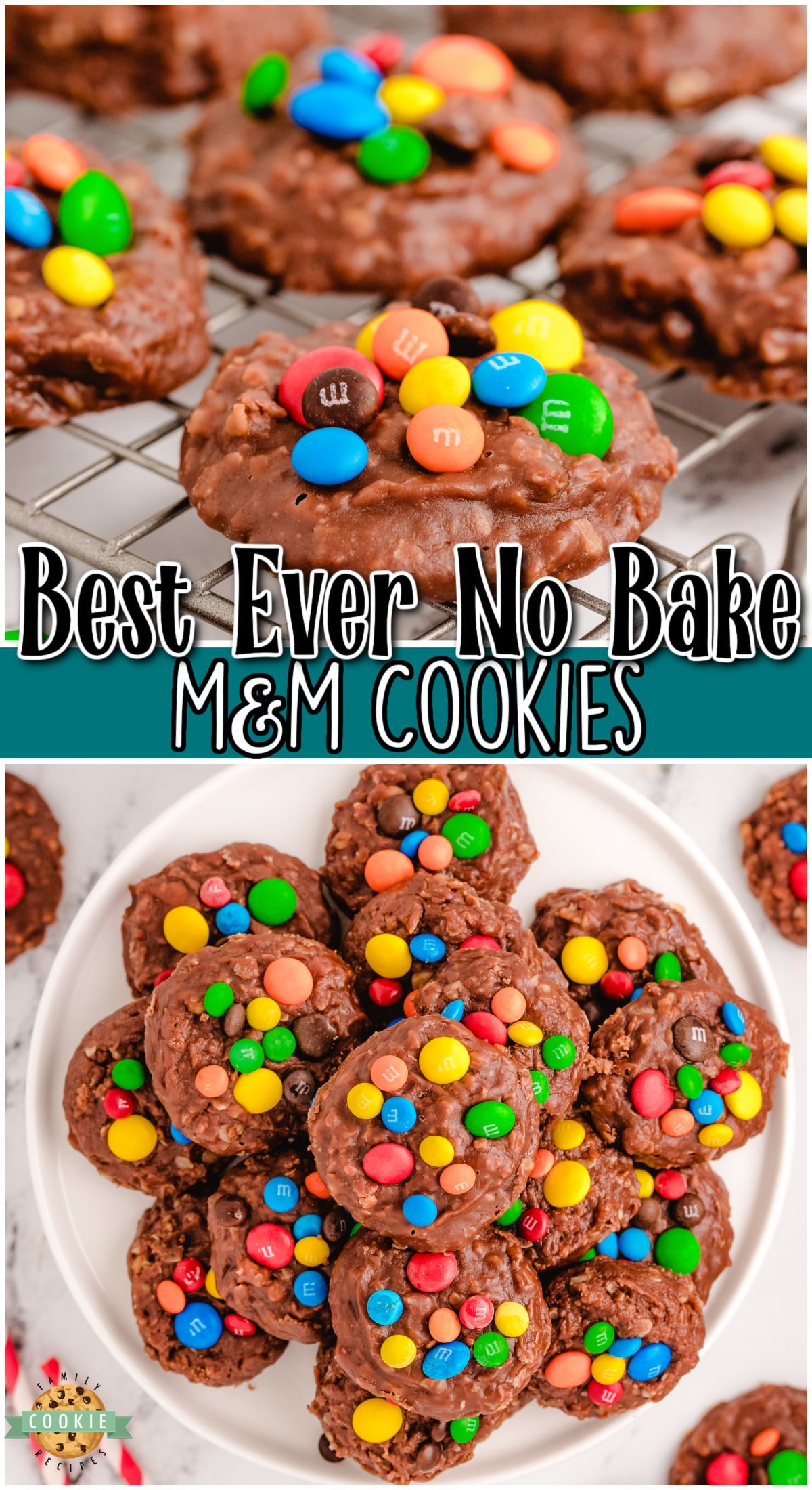 No Bake M&M Cookies are loaded with chocolate, oats, coconut & topped with M&M candies! These easy no-bake cookies are so simple to make and they have the best flavor!