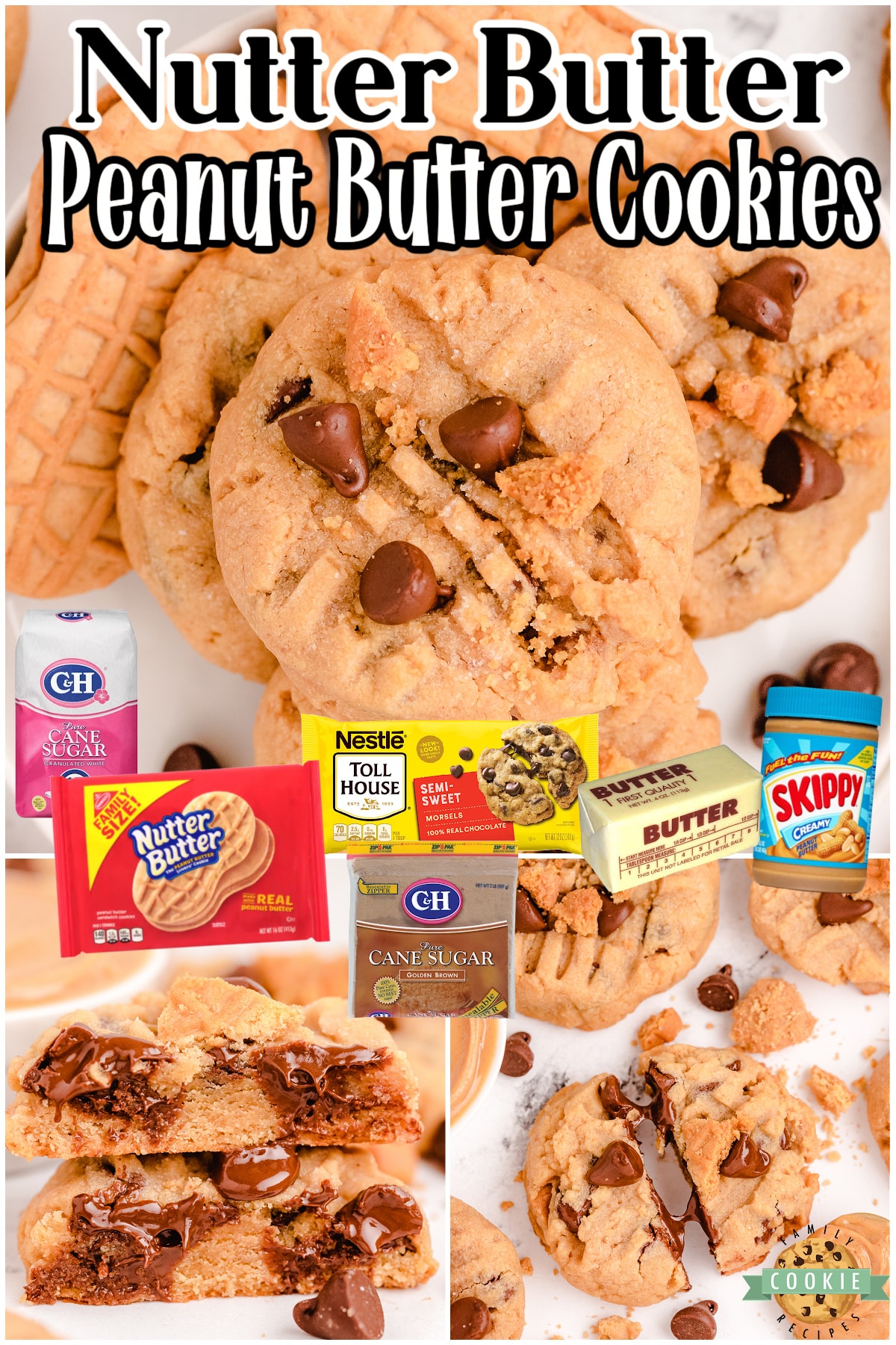 Nutter Butter Chocolate Chip Peanut Butter Cookies include the BEST combination: peanut butter + chocolate! Nutter Butter lovers unite with these peanut butter chocolate chip cookies you won't be able to get enough of.