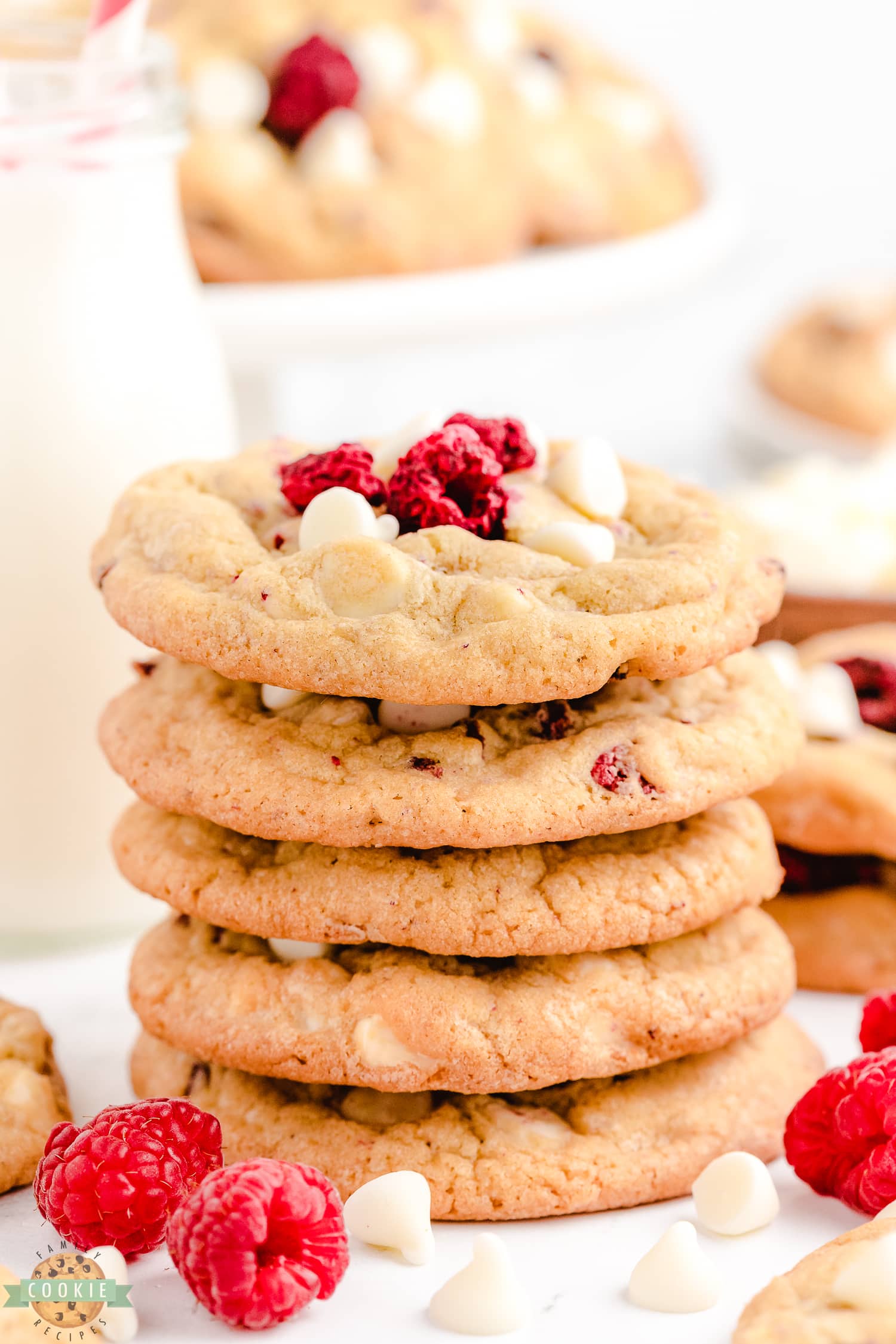 stack of raspberry white chocolate cookies