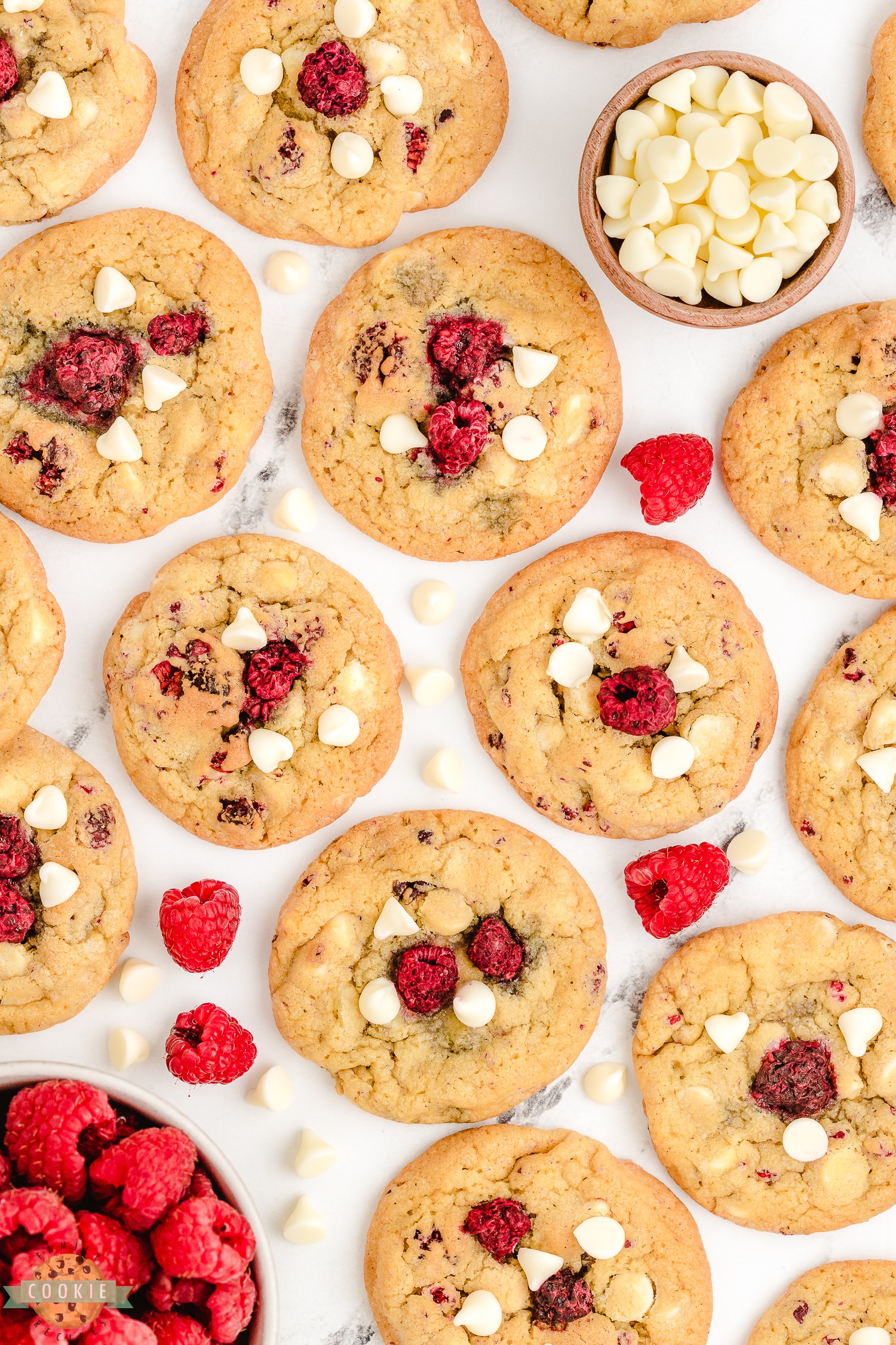 tray of raspberry white chocolate cookies