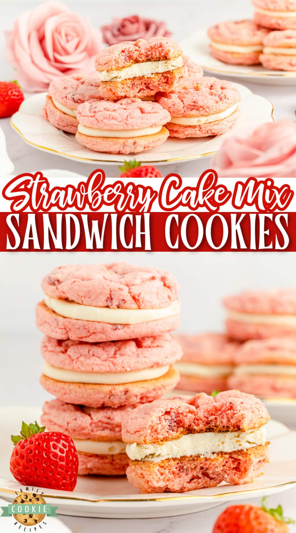 Strawberry Cake Mix Sandwich Cookies are made with freeze dried strawberries and a simple cream cheese filling. Easy cookie sandwiches that are packed with strawberry flavor! via @buttergirls