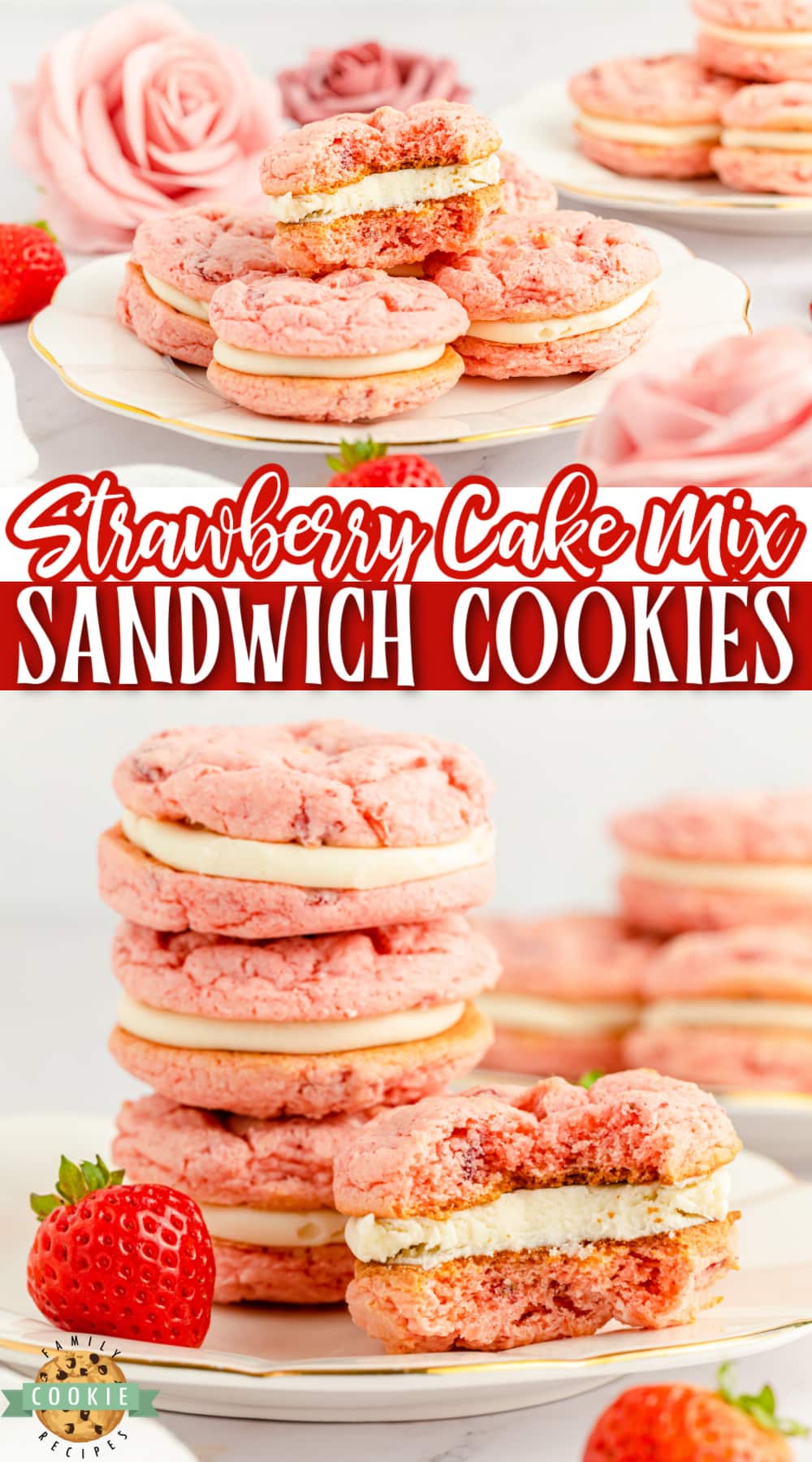 Strawberry Cake Mix Sandwich Cookies are made with freeze dried strawberries and a simple cream cheese filling. Easy cookie sandwiches that are packed with strawberry flavor!