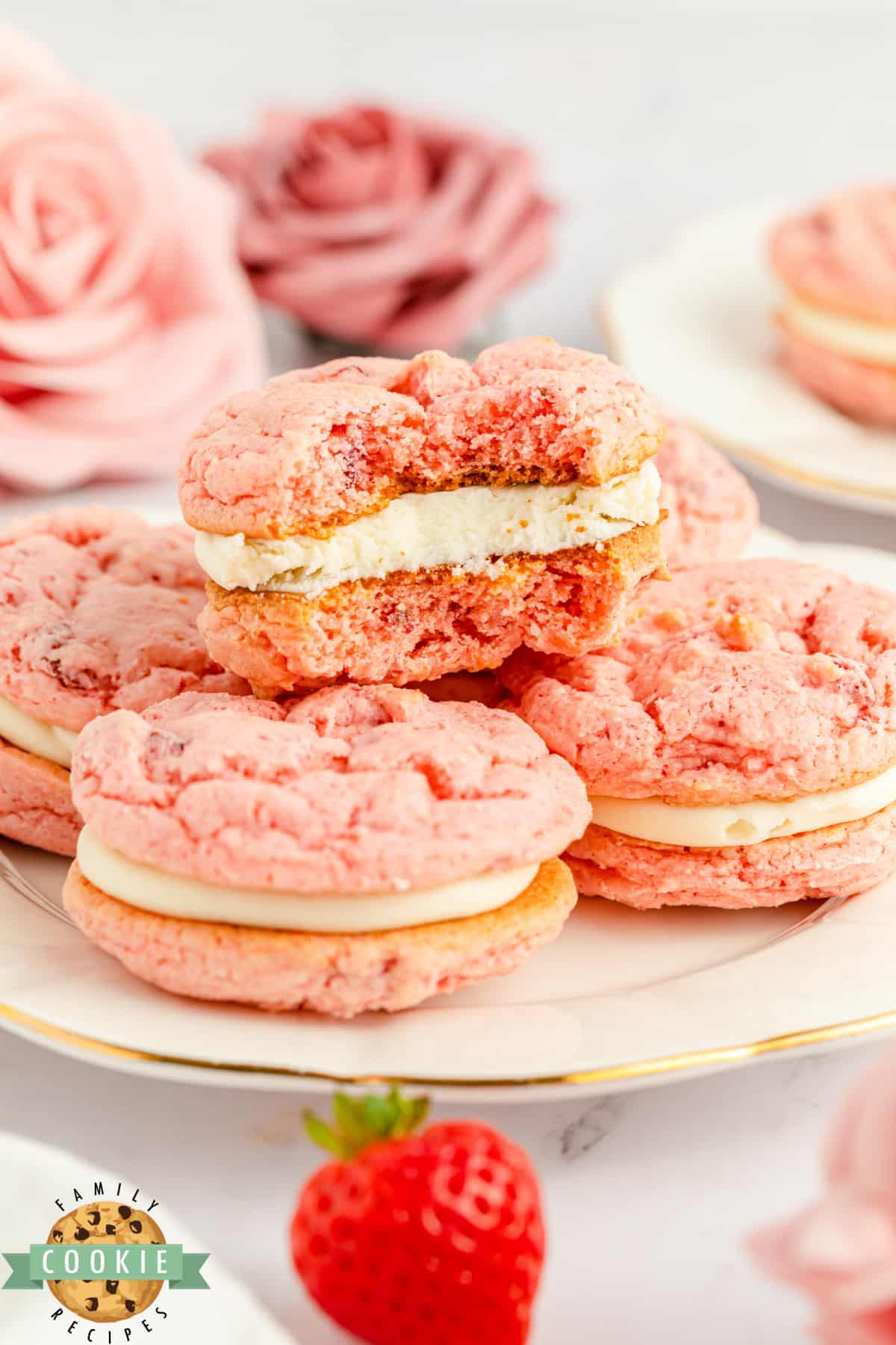 Strawberry Cake Mix Sandwich Cookies are made with freeze dried strawberries and a simple cream cheese filling. Easy cookie sandwiches that are packed with strawberry flavor!