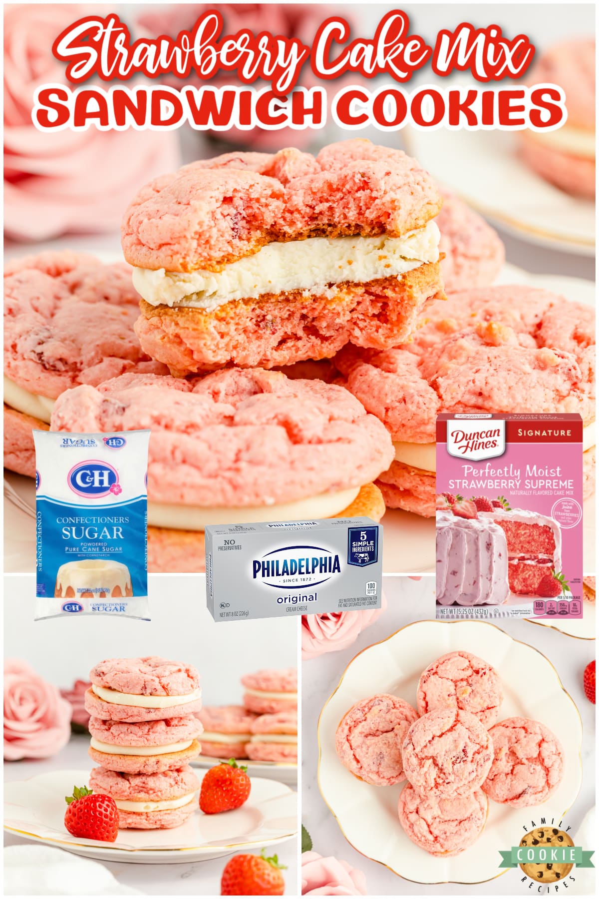 Strawberry Cake Mix Sandwich Cookies are made with freeze dried strawberries and a simple cream cheese filling. Easy cookie sandwiches that are packed with strawberry flavor!