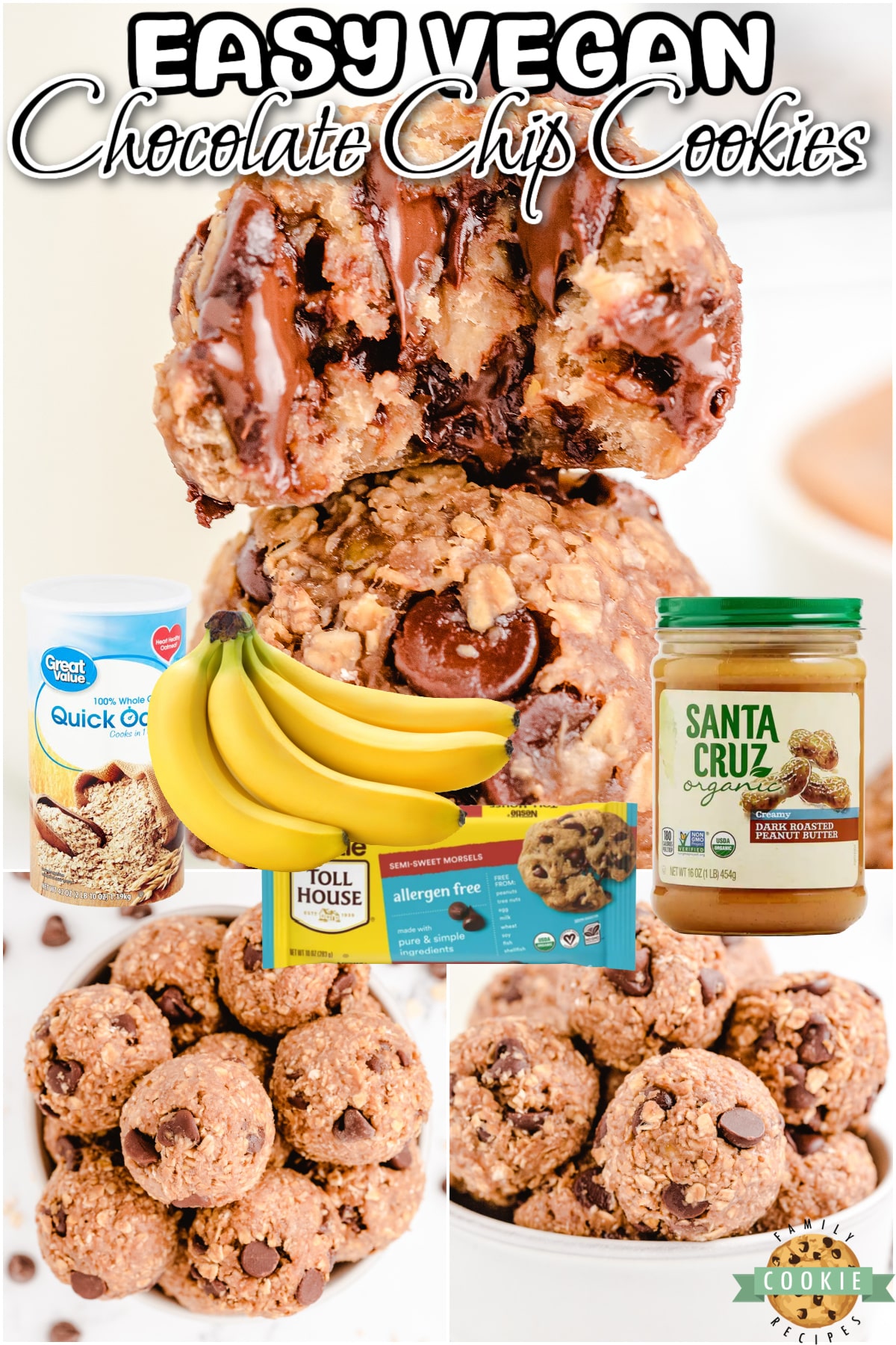 Simple 4 ingredient recipe for Vegan Chocolate Chip Cookies that's made with bananas, oats, peanut butter & chocolate chips! Healthy no bake cookies that you can feel good about eating! 