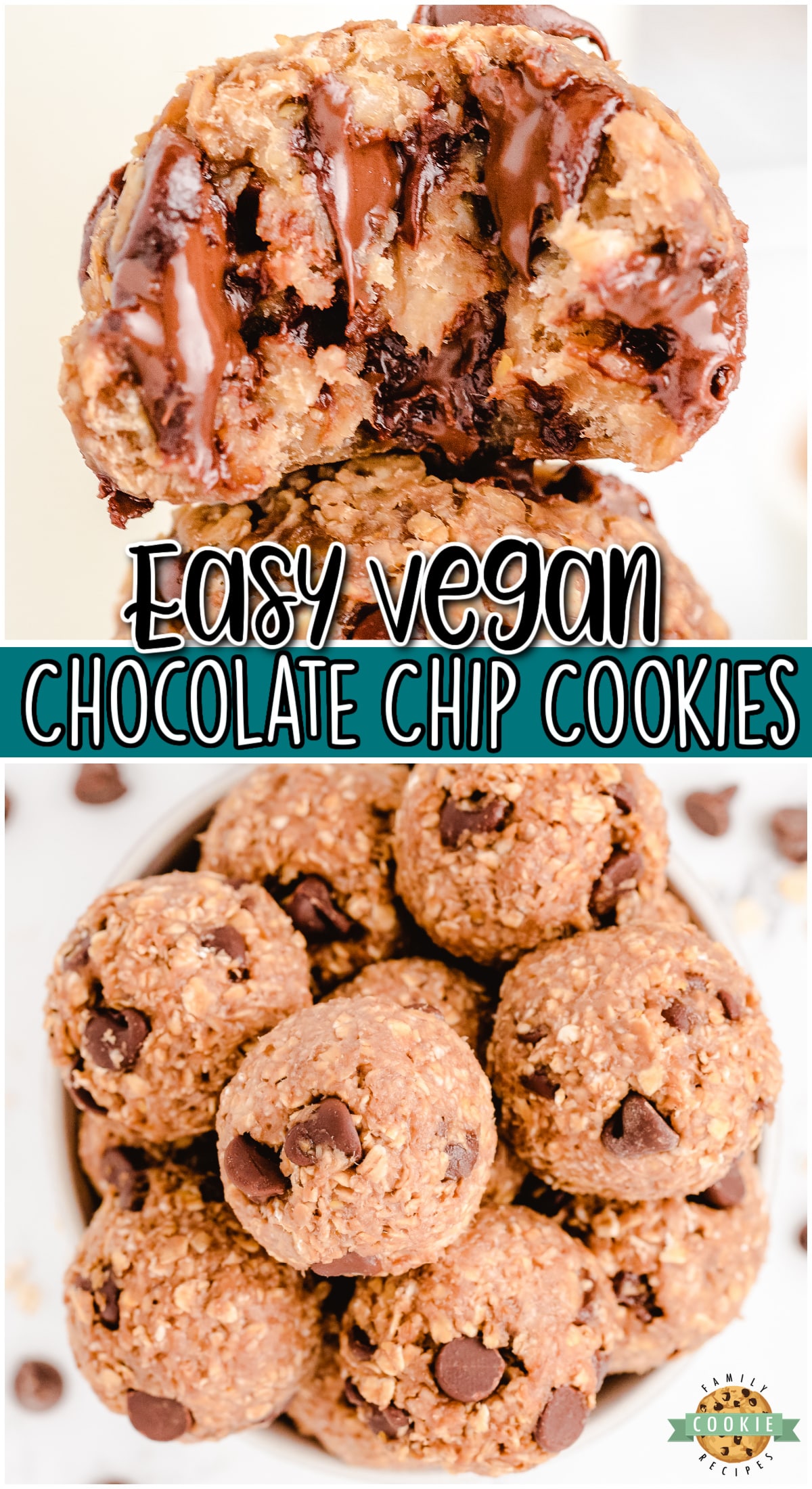 Simple 4 ingredient recipe for Vegan Chocolate Chip Cookies that's made with bananas, oats, peanut butter & chocolate chips! Healthy no bake cookies that you can feel good about eating! 