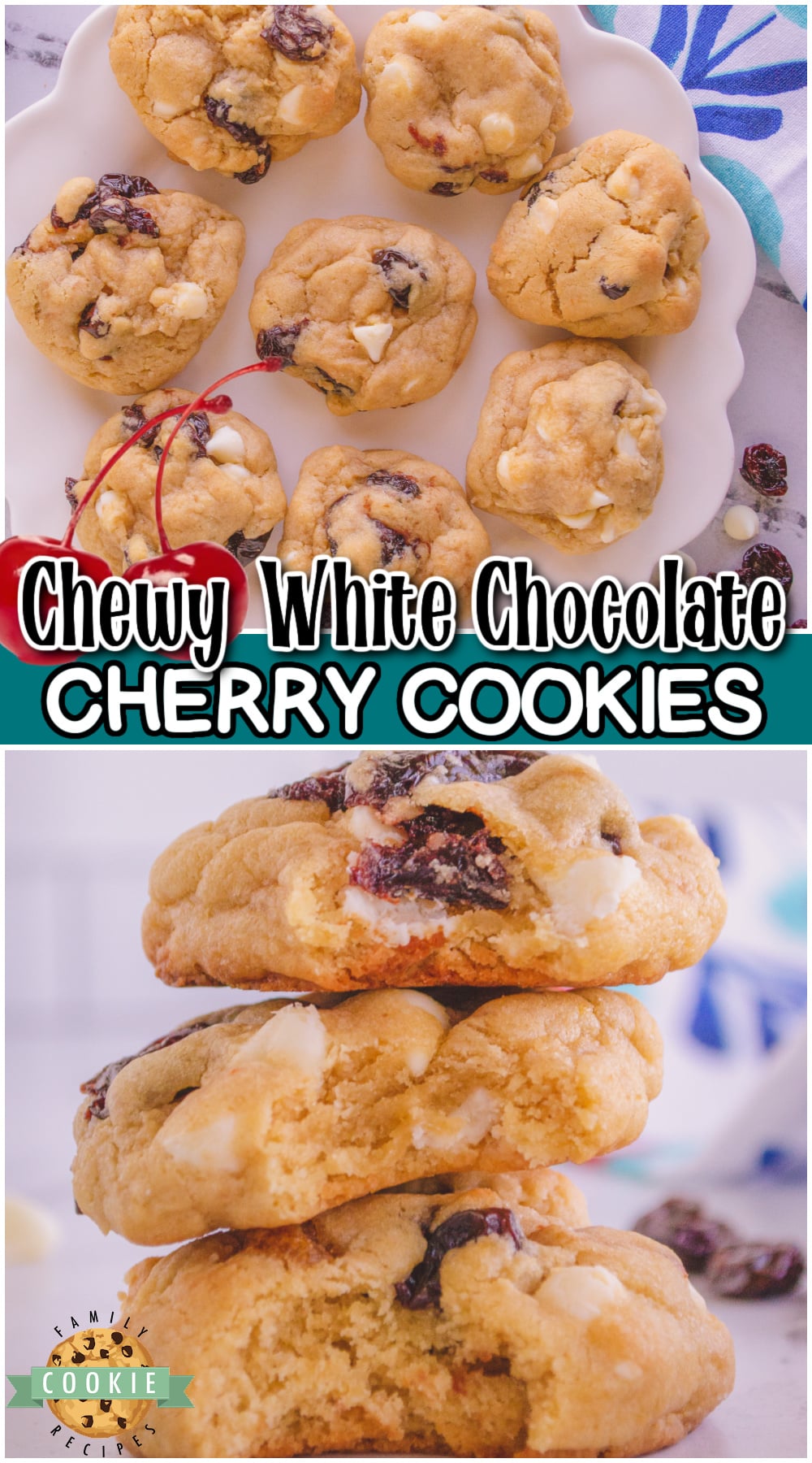 White Chocolate Cherry Cookies are sweet & chewy homemade cookies bursting with bright cherry flavor! Cherry cookies made with white chocolate chips perfect for any time! 