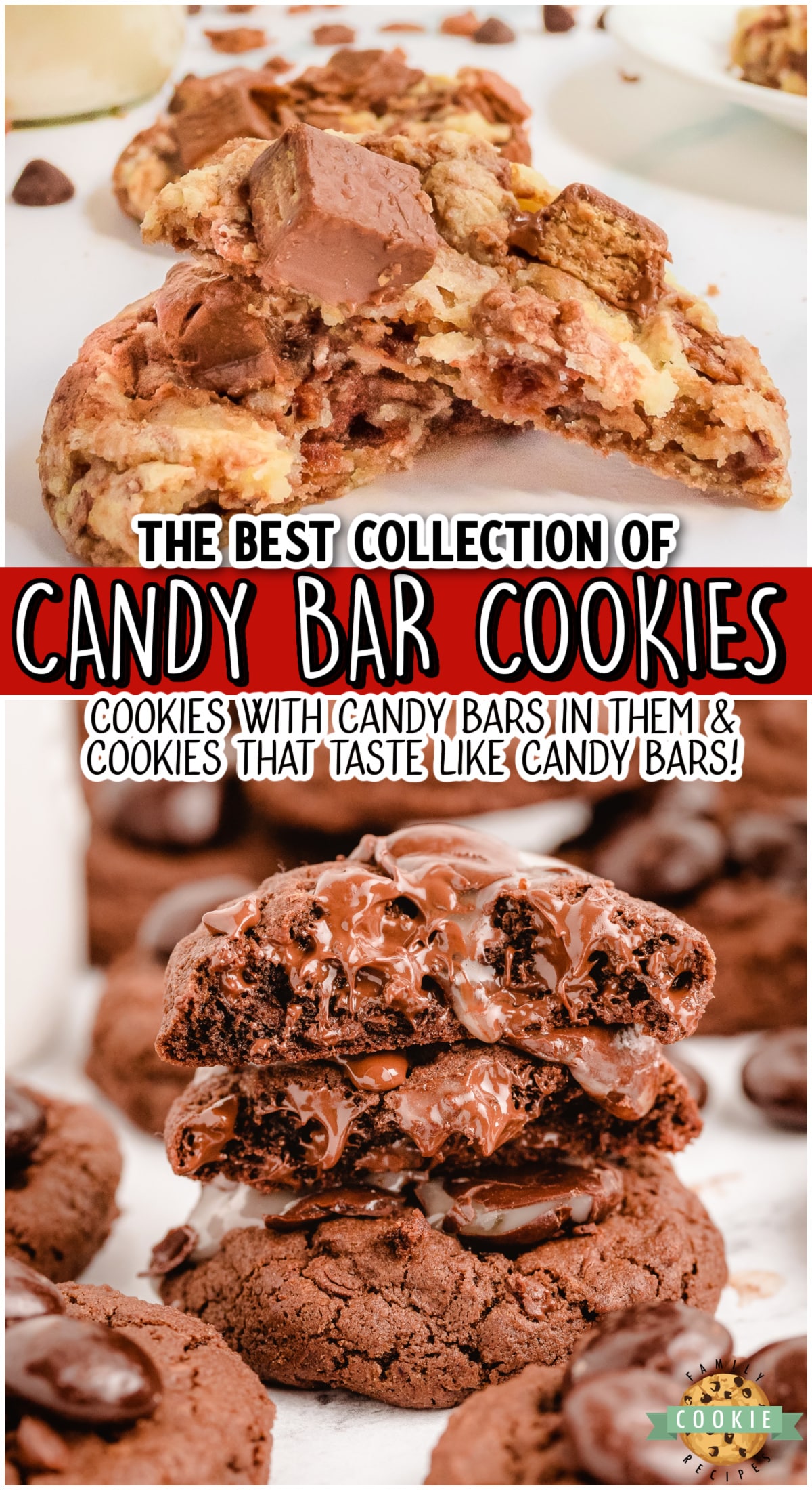 Fun collection of cookies that have candy bars in them or that actually taste like candy bars. Snickers, Kit Kats, Almond Joys...all of your favorites! These candy bar cookies are all absolutely delicious! 


