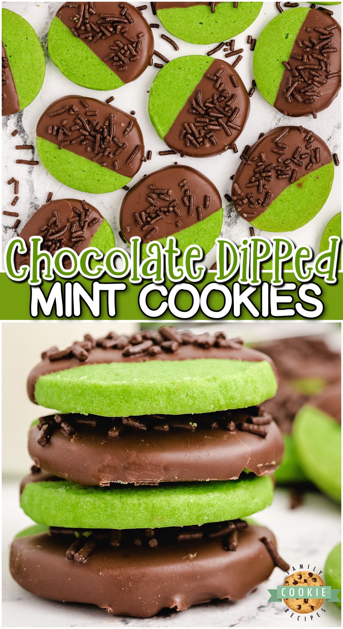 Mint Cookies made from a buttery shortbread cookie dipped in chocolate & topped with chocolate sprinkles. Green Mint Cookies perfect for St. Patrick's Day!